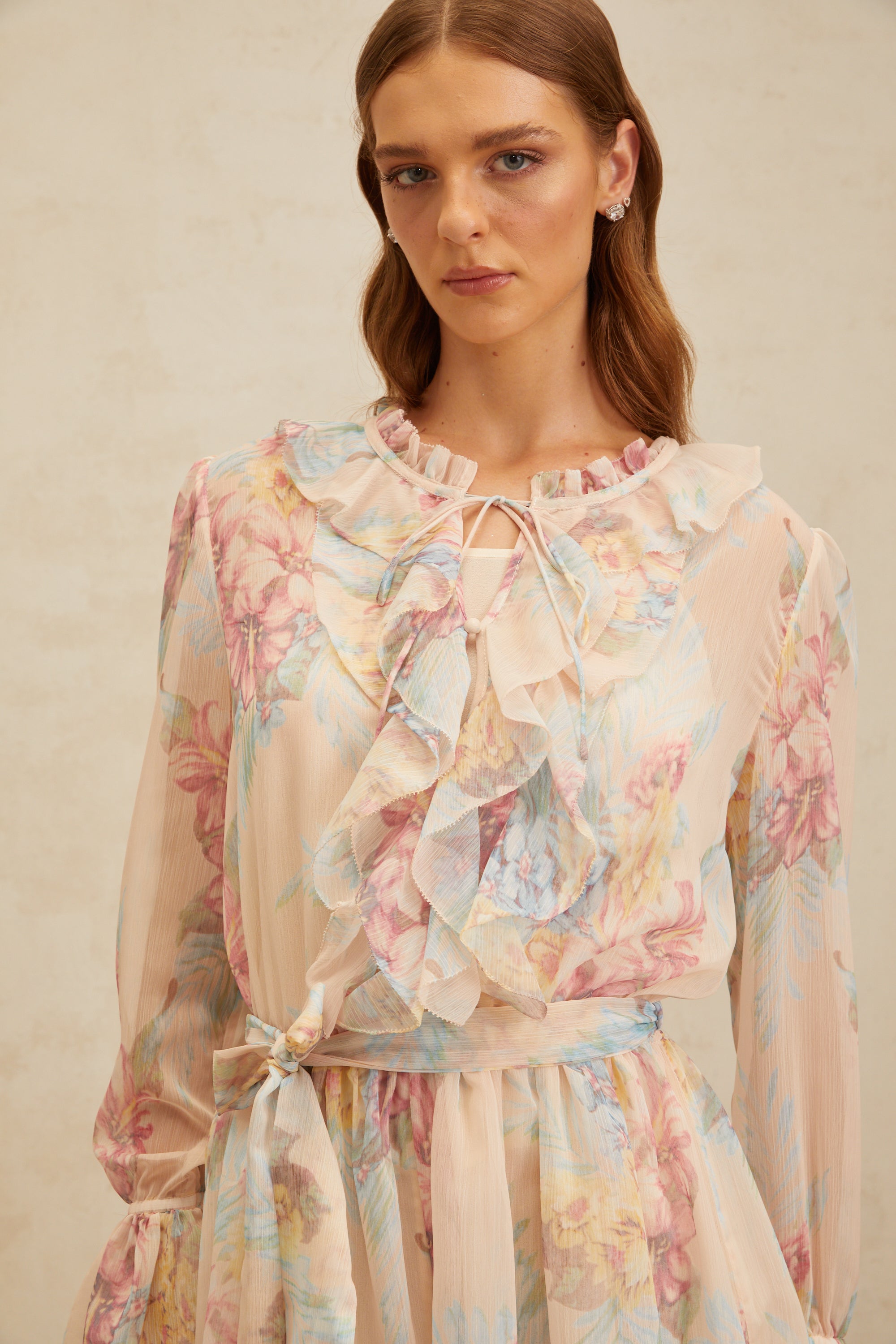 Aurore Neutral Floral Print Ruffled Chiffon Playsuit (Final Sale)