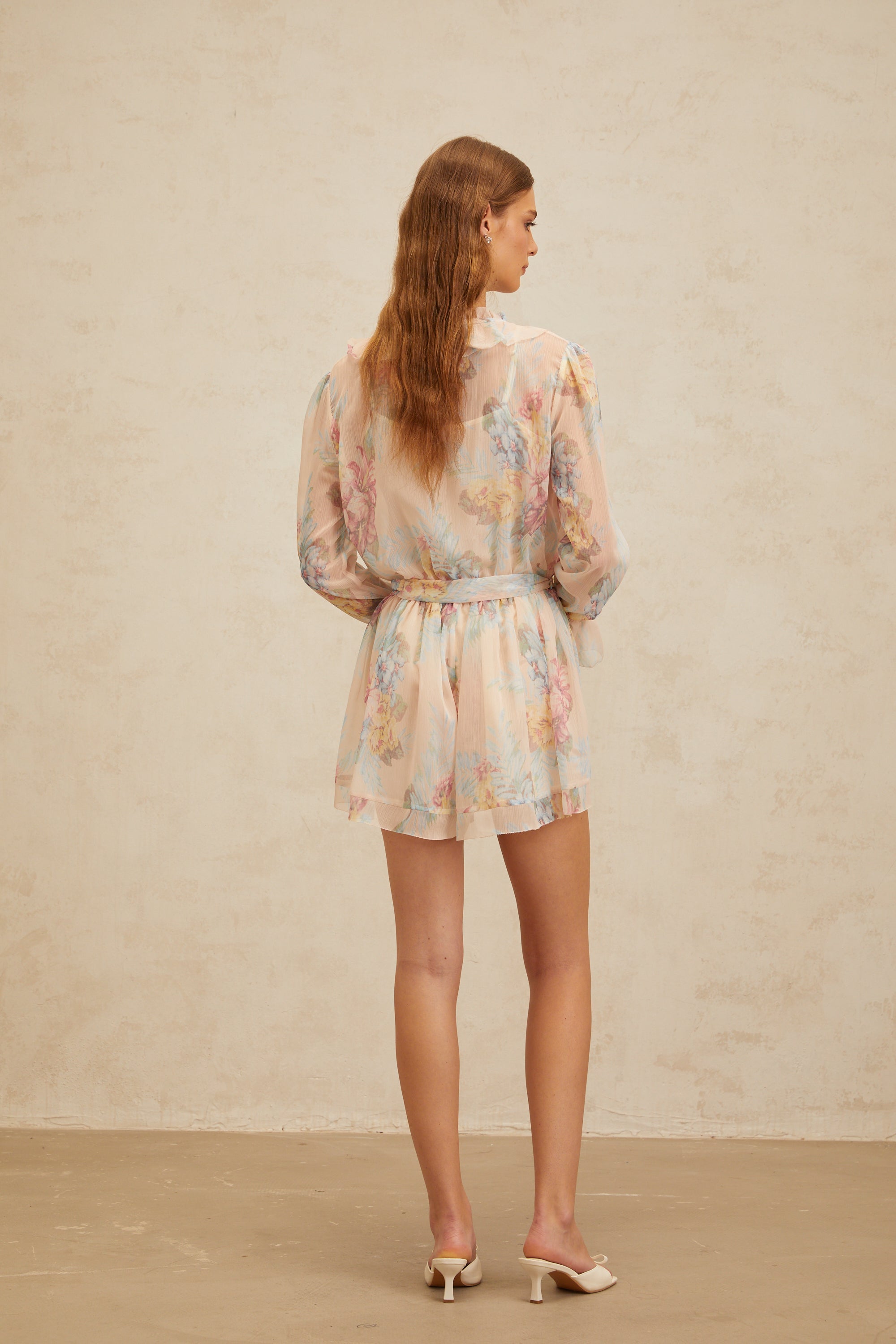Aurore Neutral Floral Print Ruffled Chiffon Playsuit