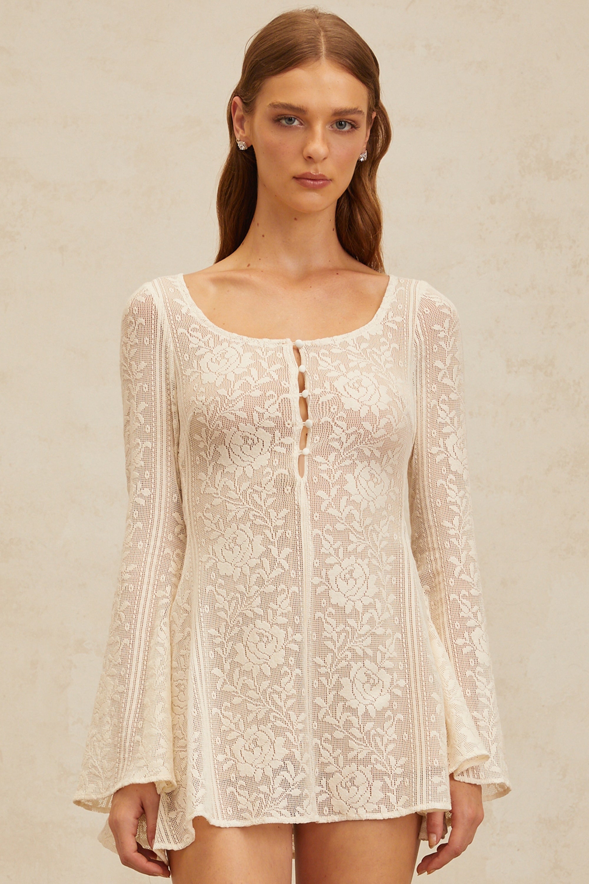 Céline White Flared Crochet Knit Mini Dress