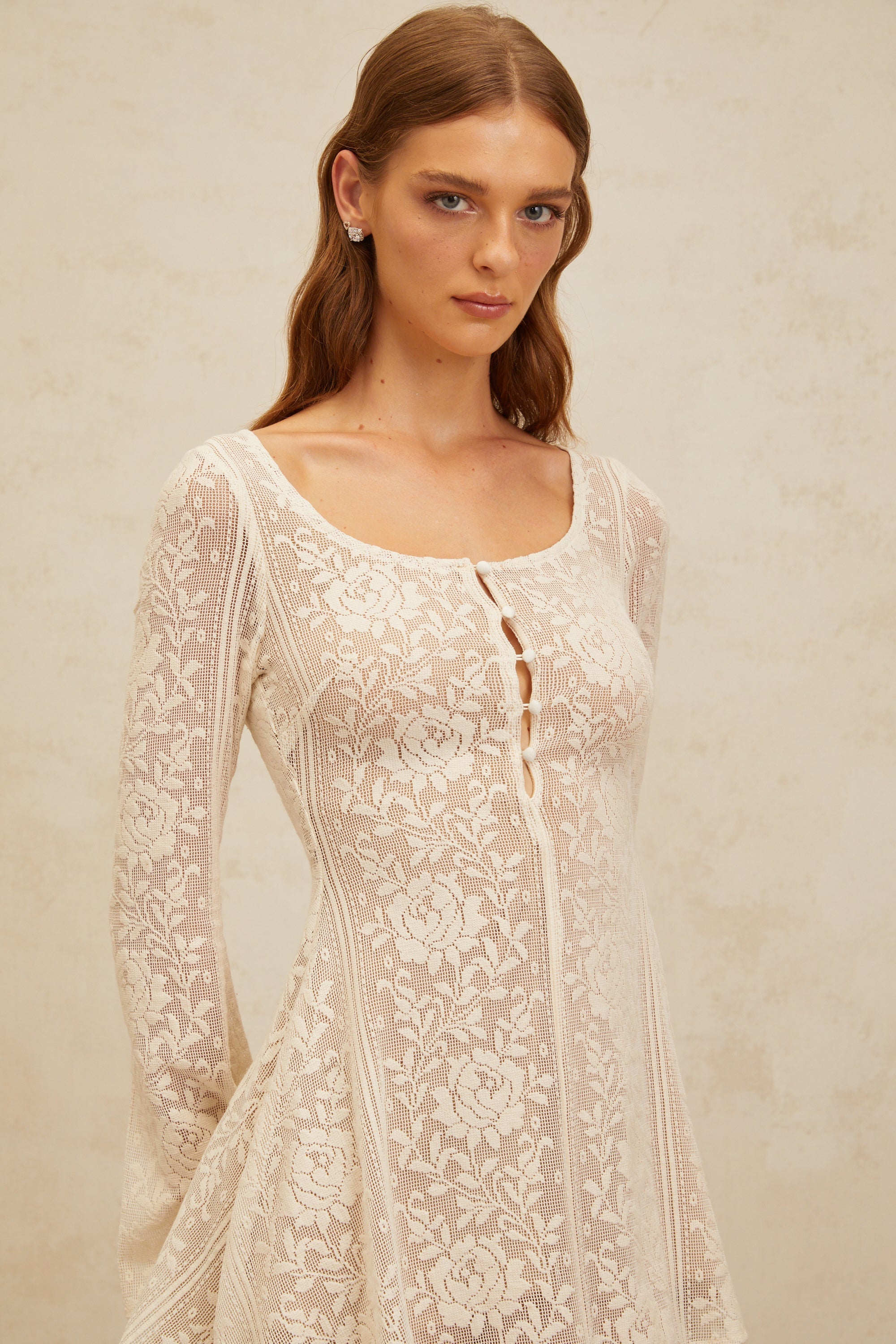 Céline White Flared Crochet Knit Mini Dress