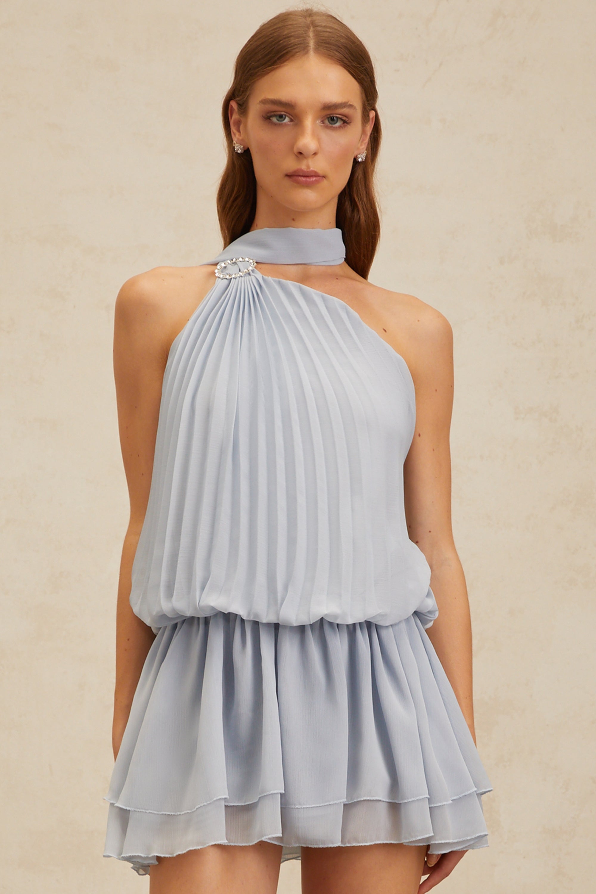 Angèle Blue Halterneck Fully Pleated Mini Dress (Final Sale)