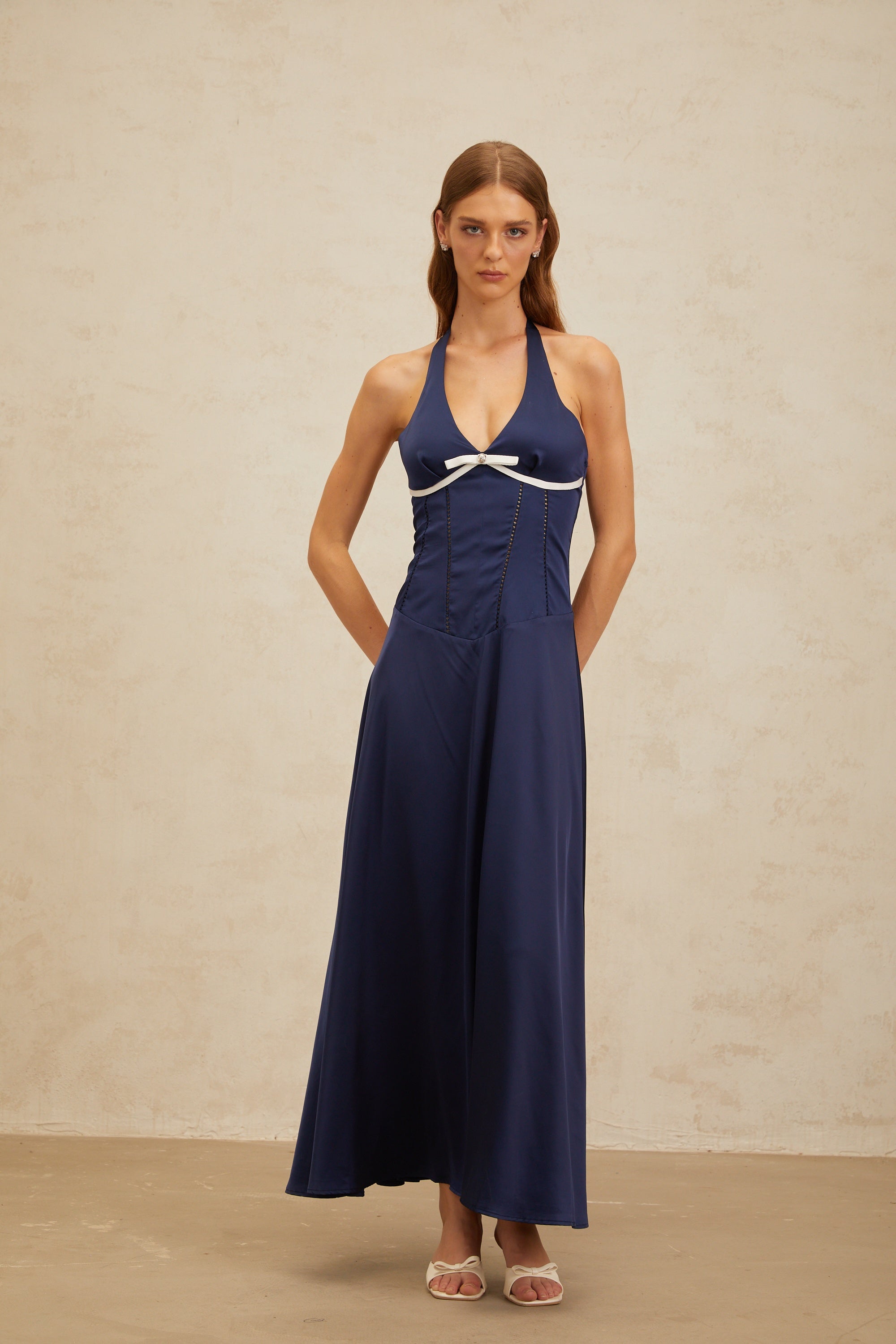 Vérane Sapphire Bowknot Satin Maxi Dress (Final Sale)