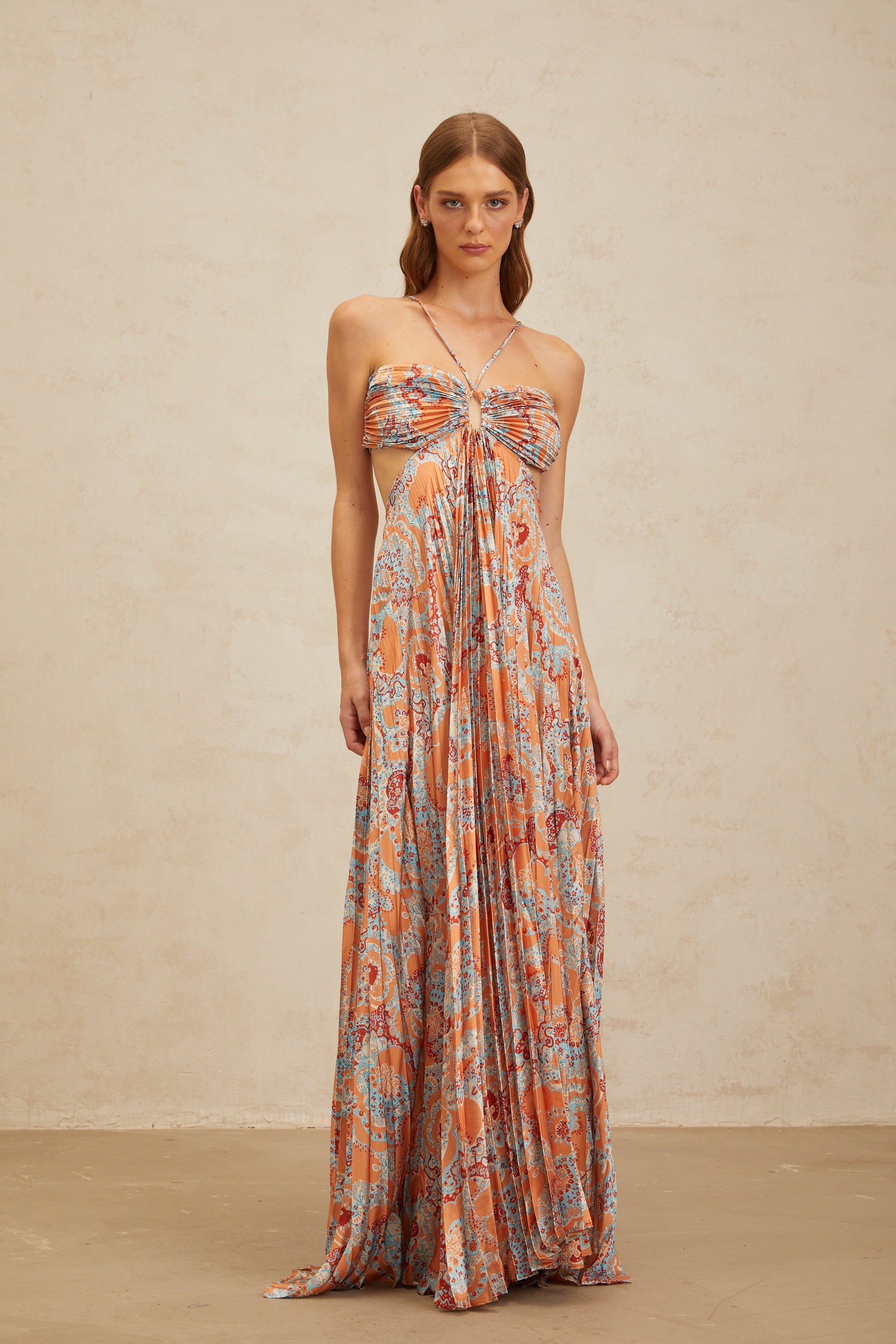 Andréa Orange Floral Print Pleated Maxi Dress with Cutout Detail