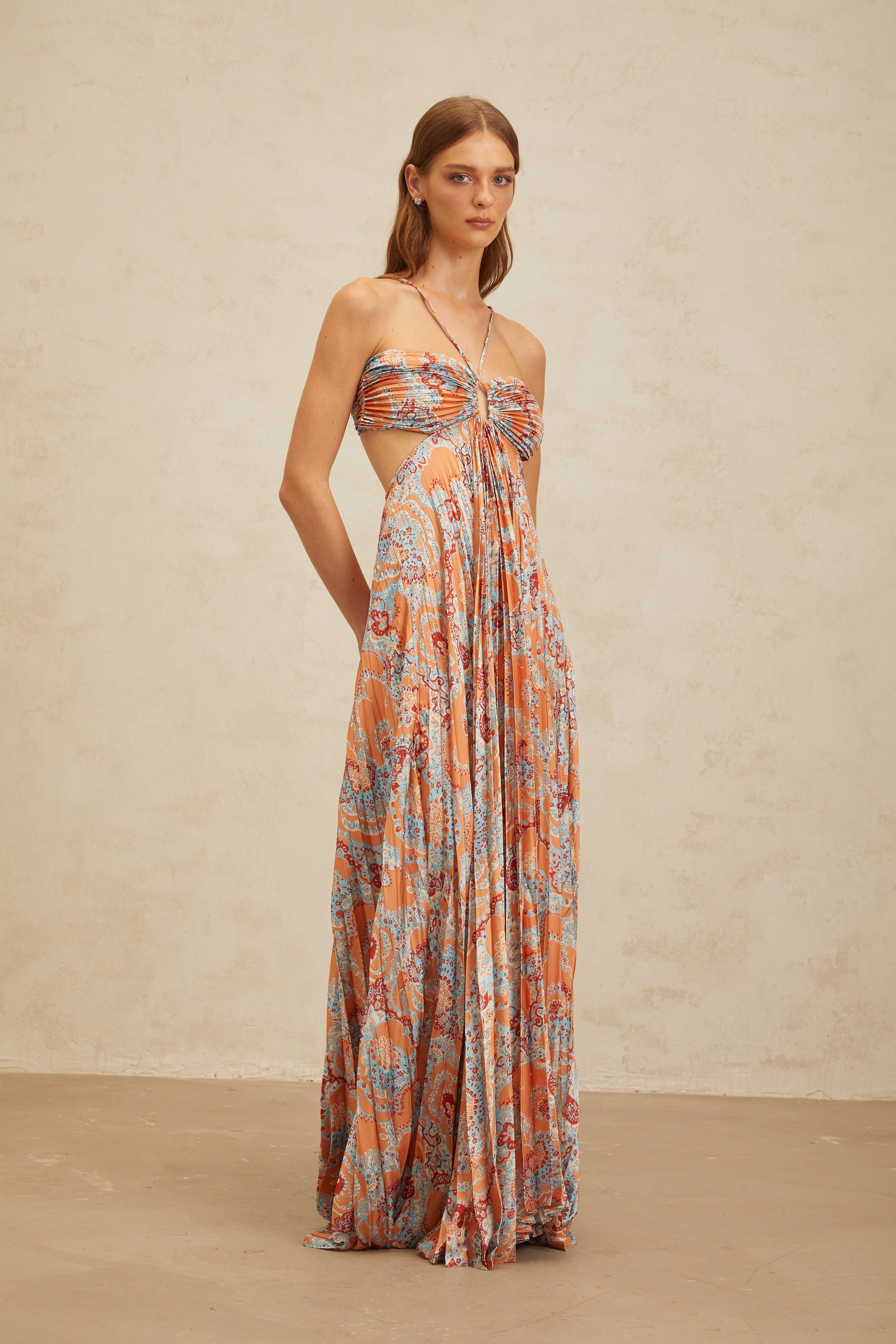 Andréa Orange Floral Print Pleated Maxi Dress with Cutout Detail