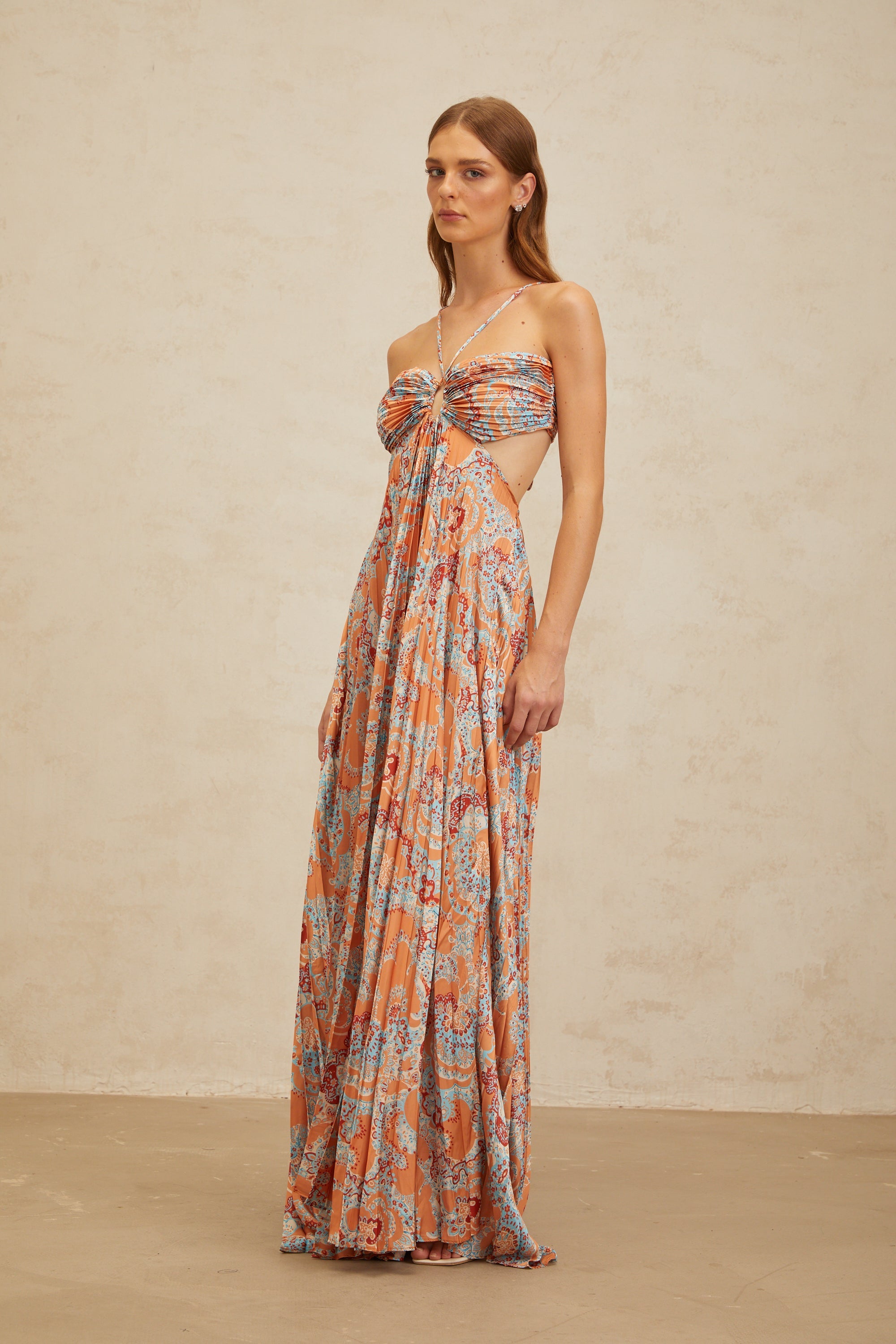 Andréa Orange Floral Print Pleated Maxi Dress with Cutout Detail