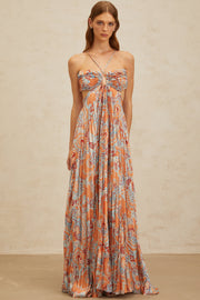 Andréa Orange Floral Print Pleated Maxi Dress with Cutout Detail