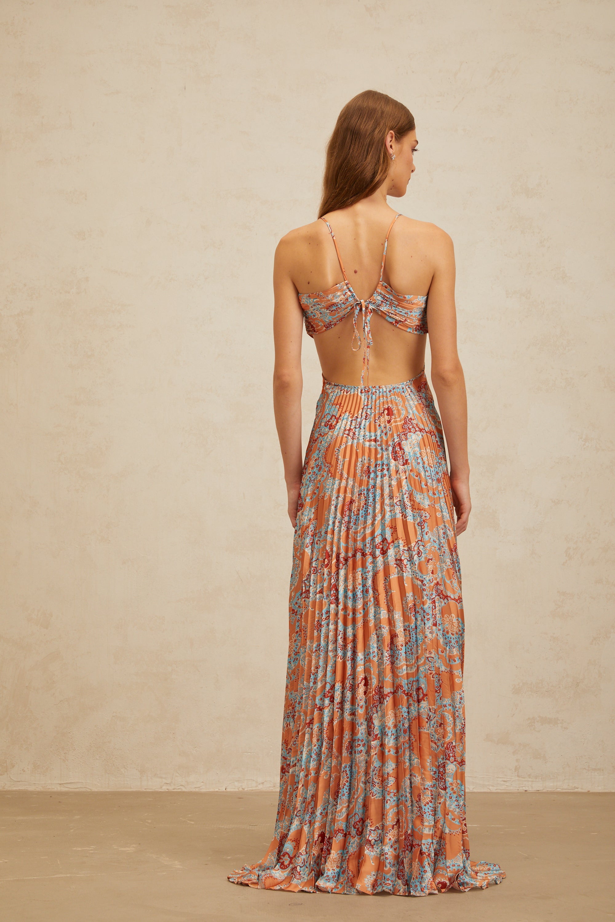 Andréa Orange Floral Print Pleated Maxi Dress with Cutout Detail