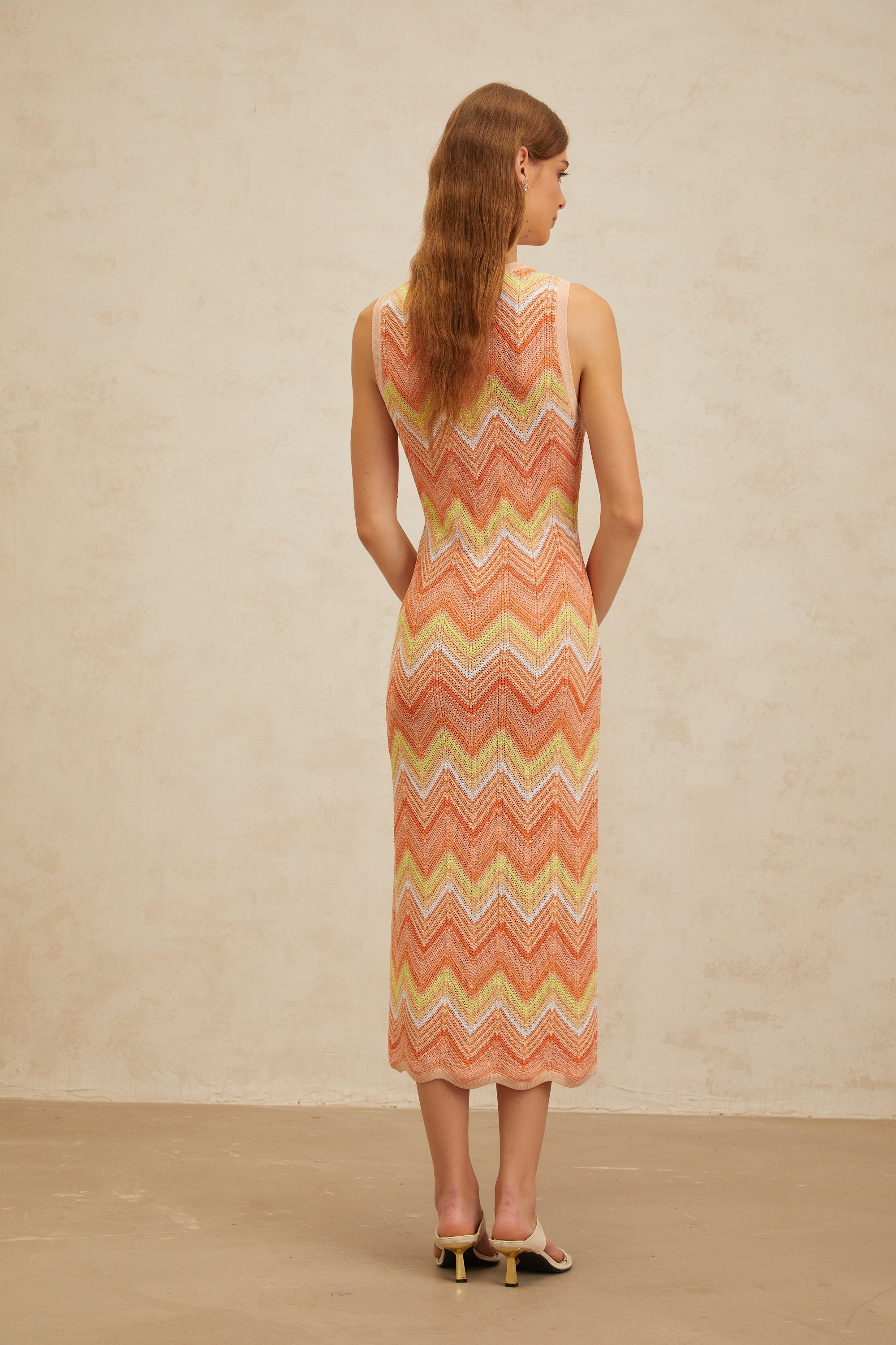 Solène Orange Chevron Knit Midi Dress