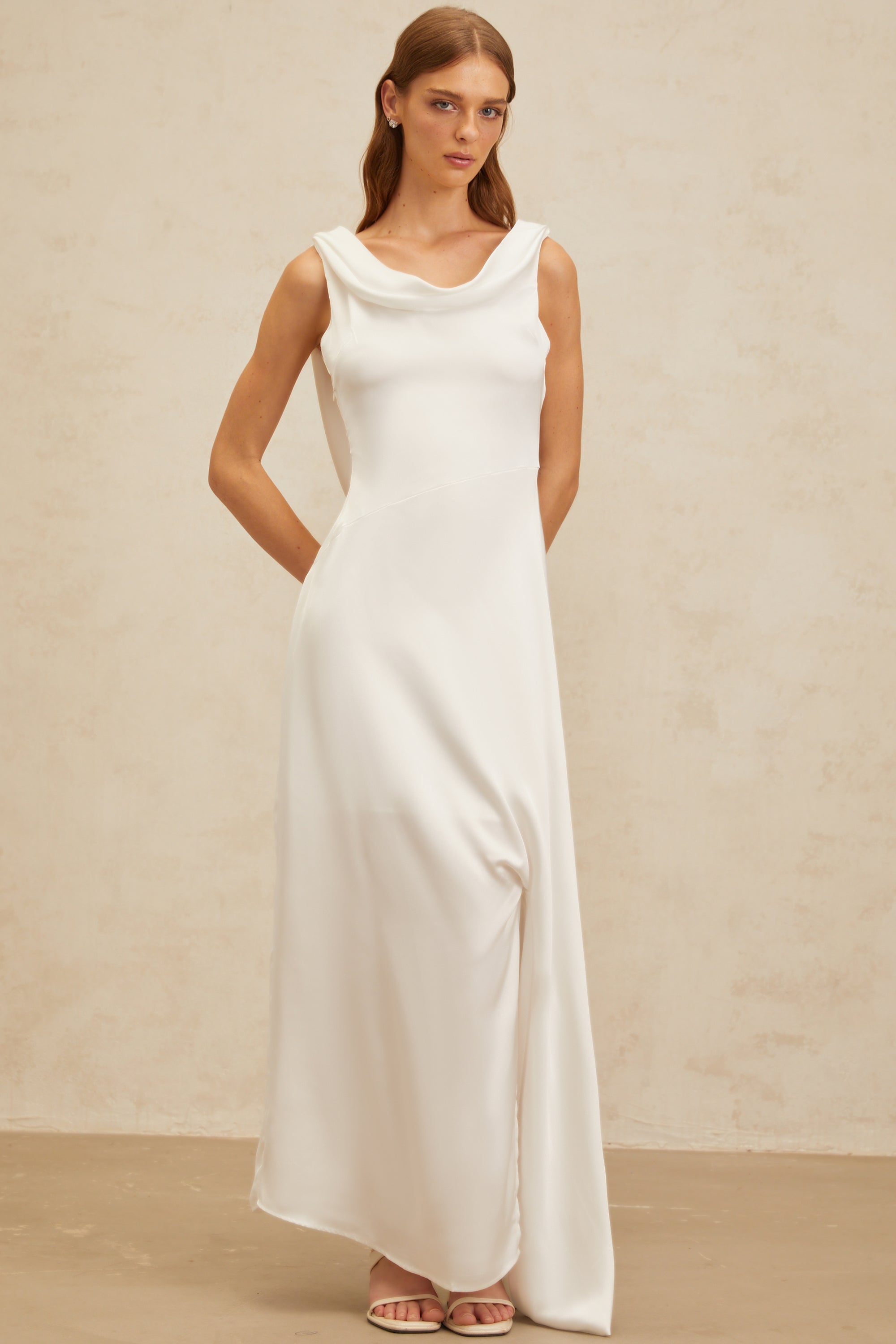 Éliane White Open-Back Satin Maxi Dress