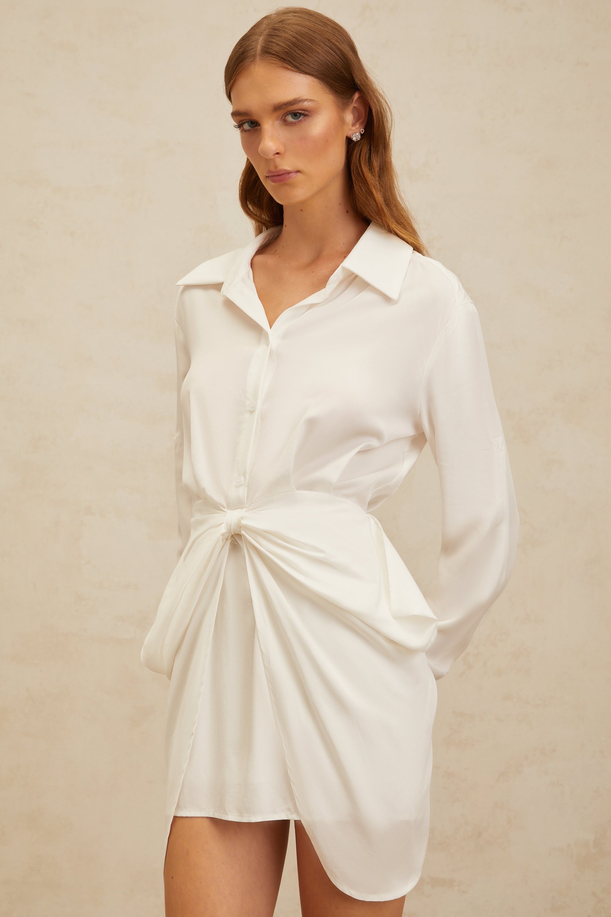 Diane White Chic Bowknot Mini Shirt Dress