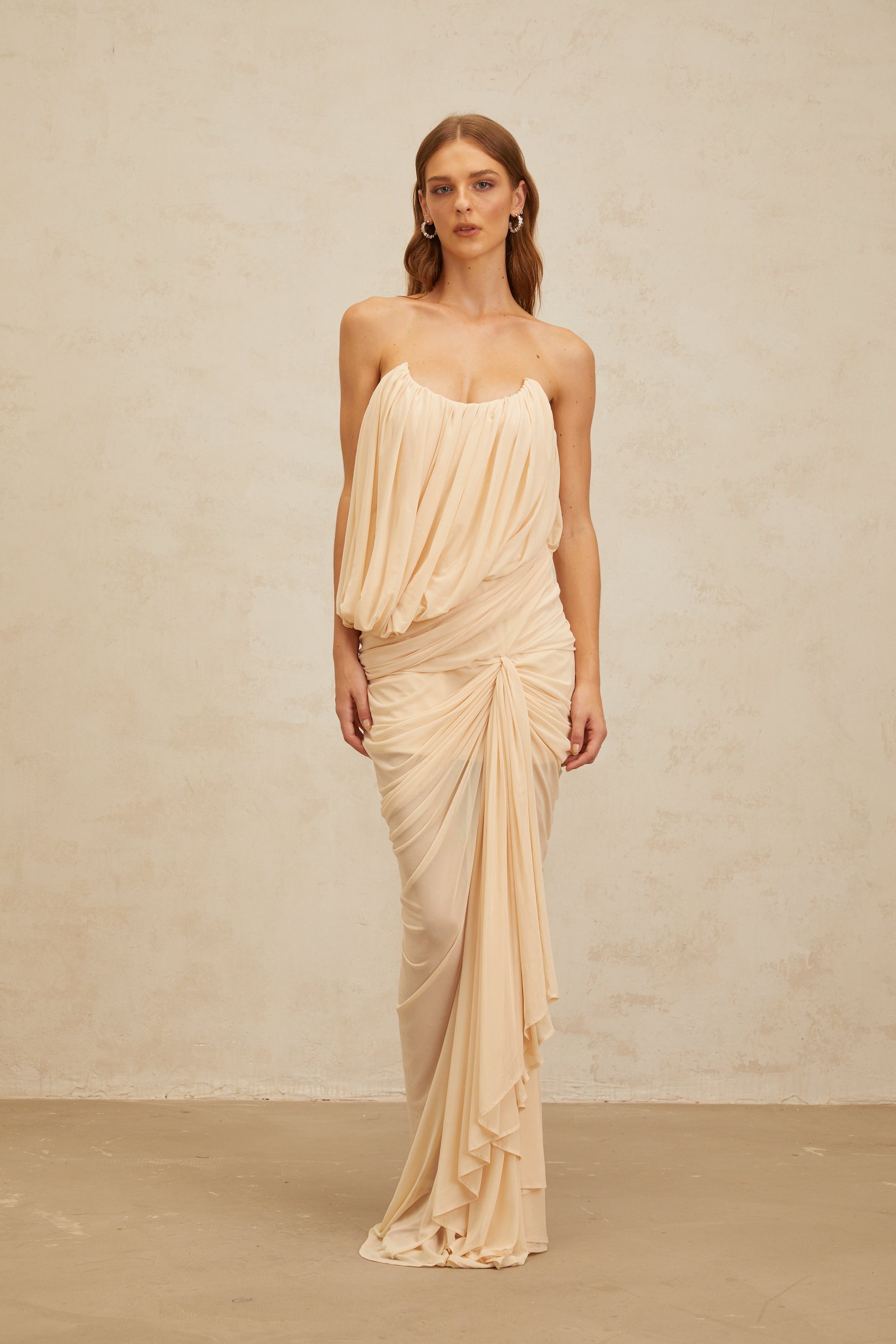 Xénia Neutrals Draped Ruched Maxi Dress