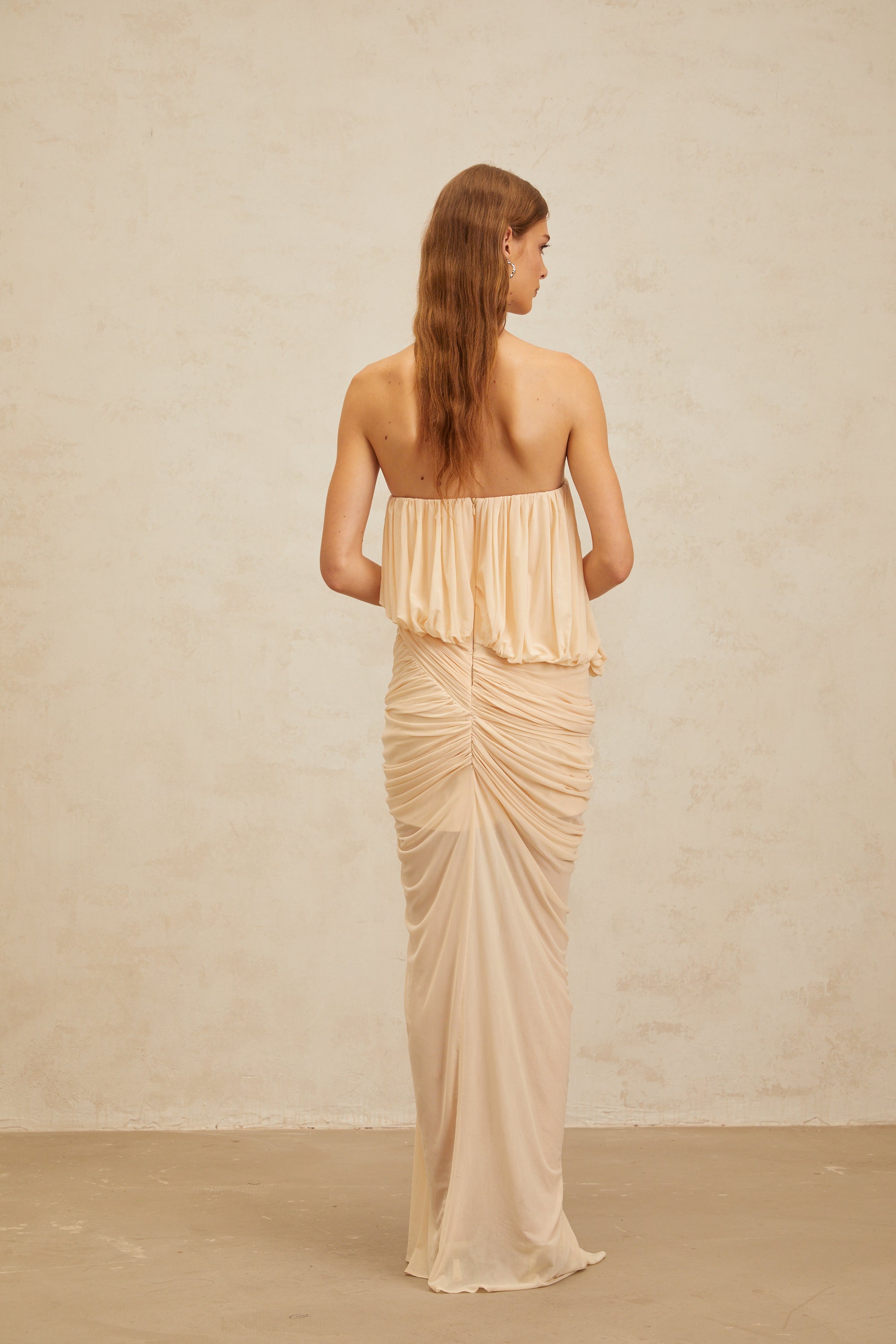 Xénia Neutrals Draped Ruched Maxi Dress