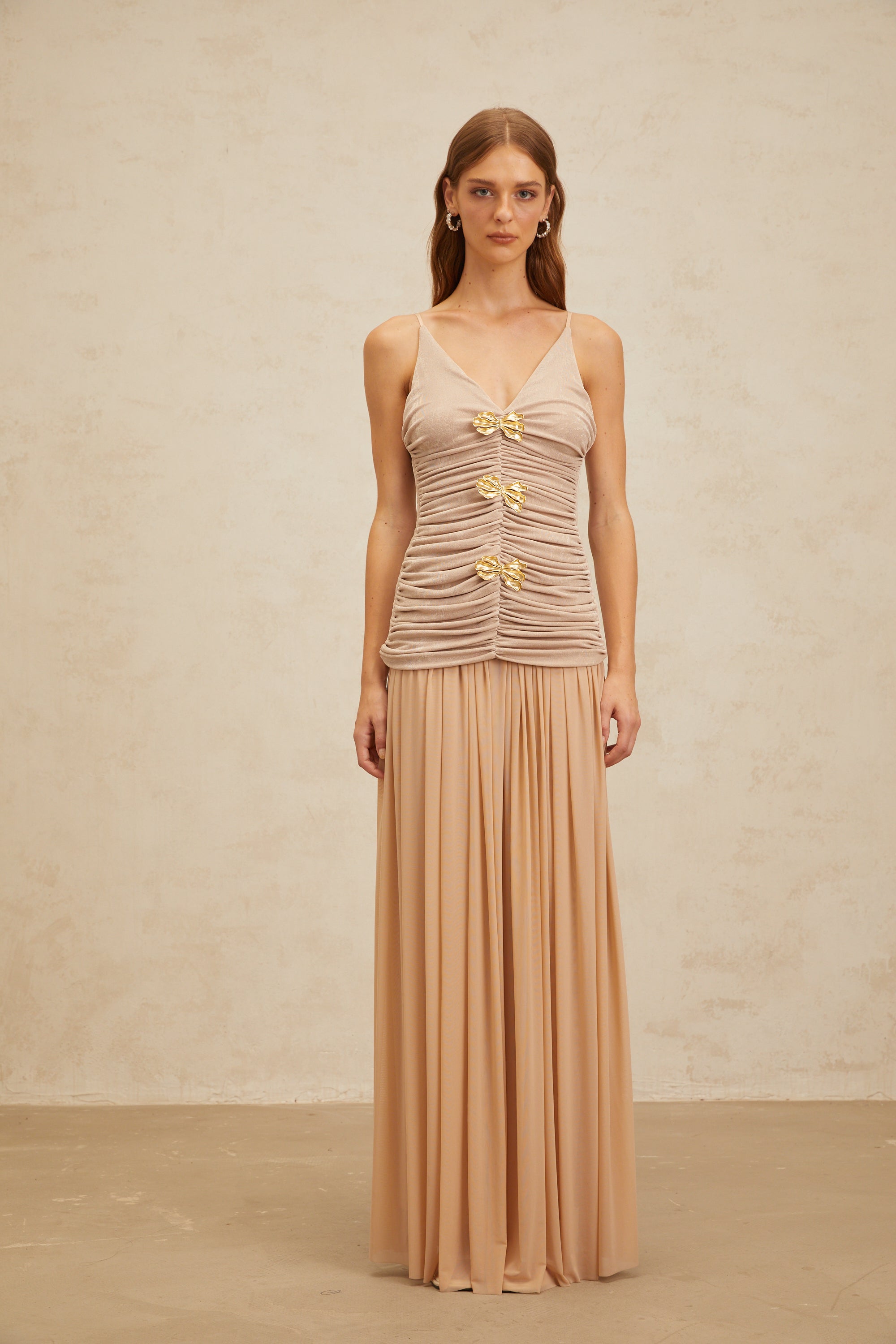 Léonie Neutral Chic Brooch Detail Top & Skirt Set (Final Sale-US Only)