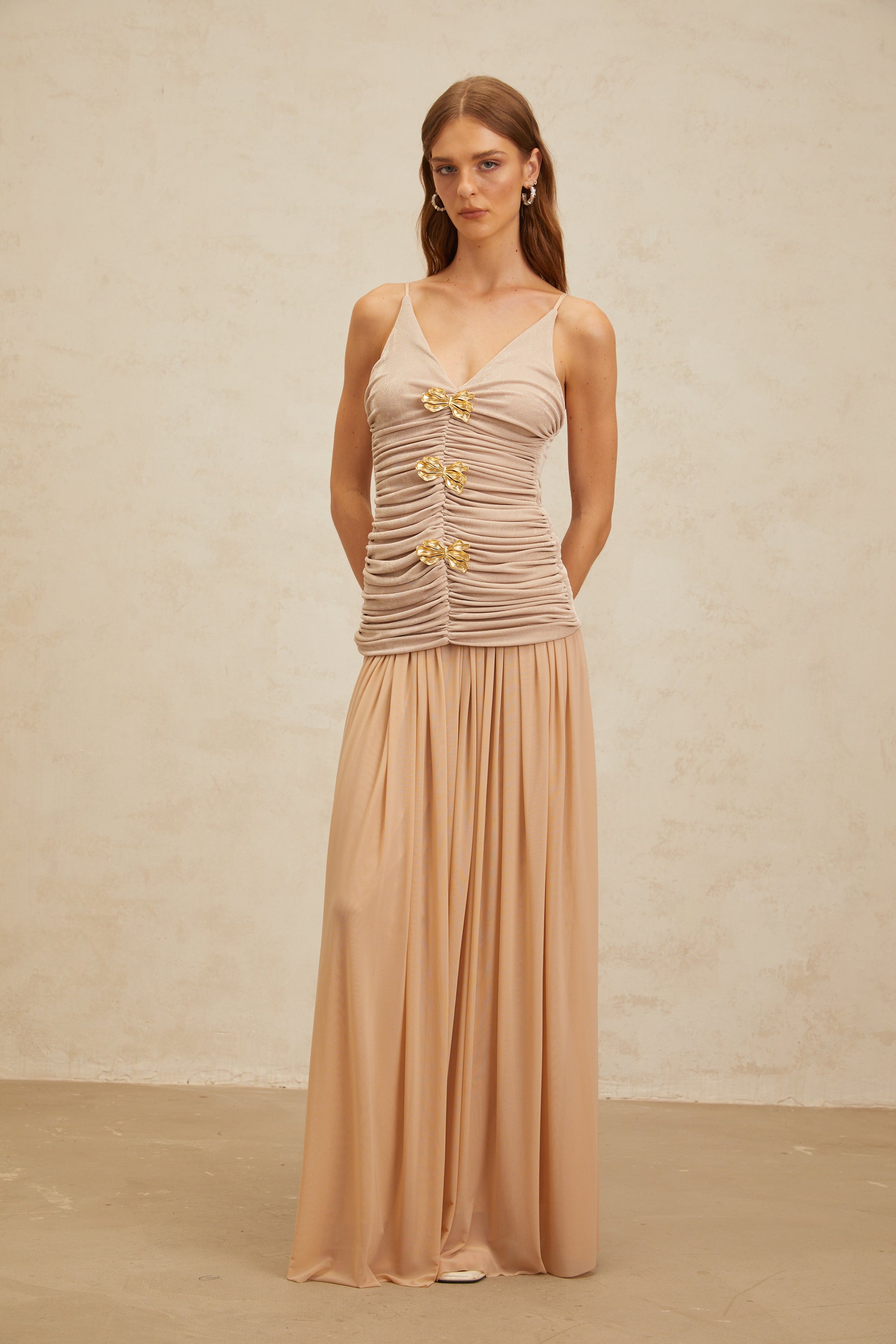 Léonie Neutral Chic Brooch Detail Top & Skirt Set (Final Sale-US Only)