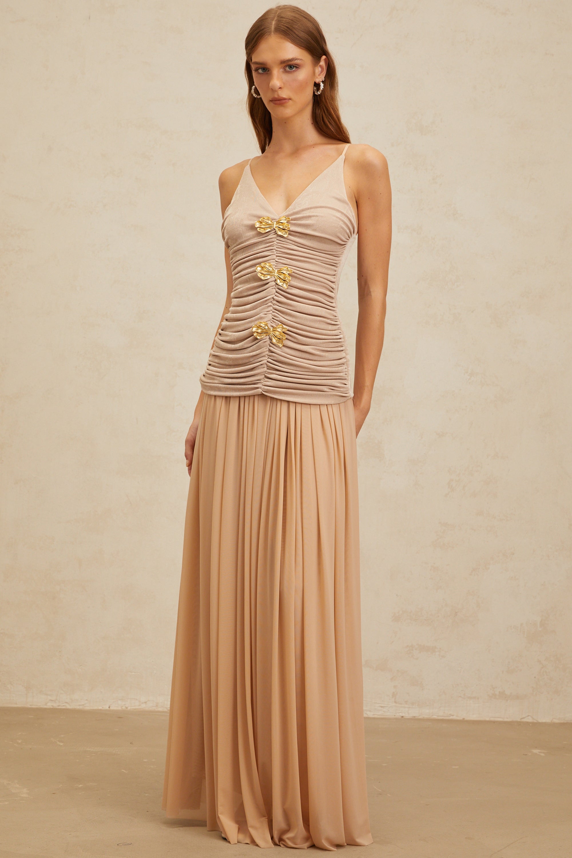 Léonie Neutral Chic Brooch Detail Top & Skirt Set (Final Sale-US Only)