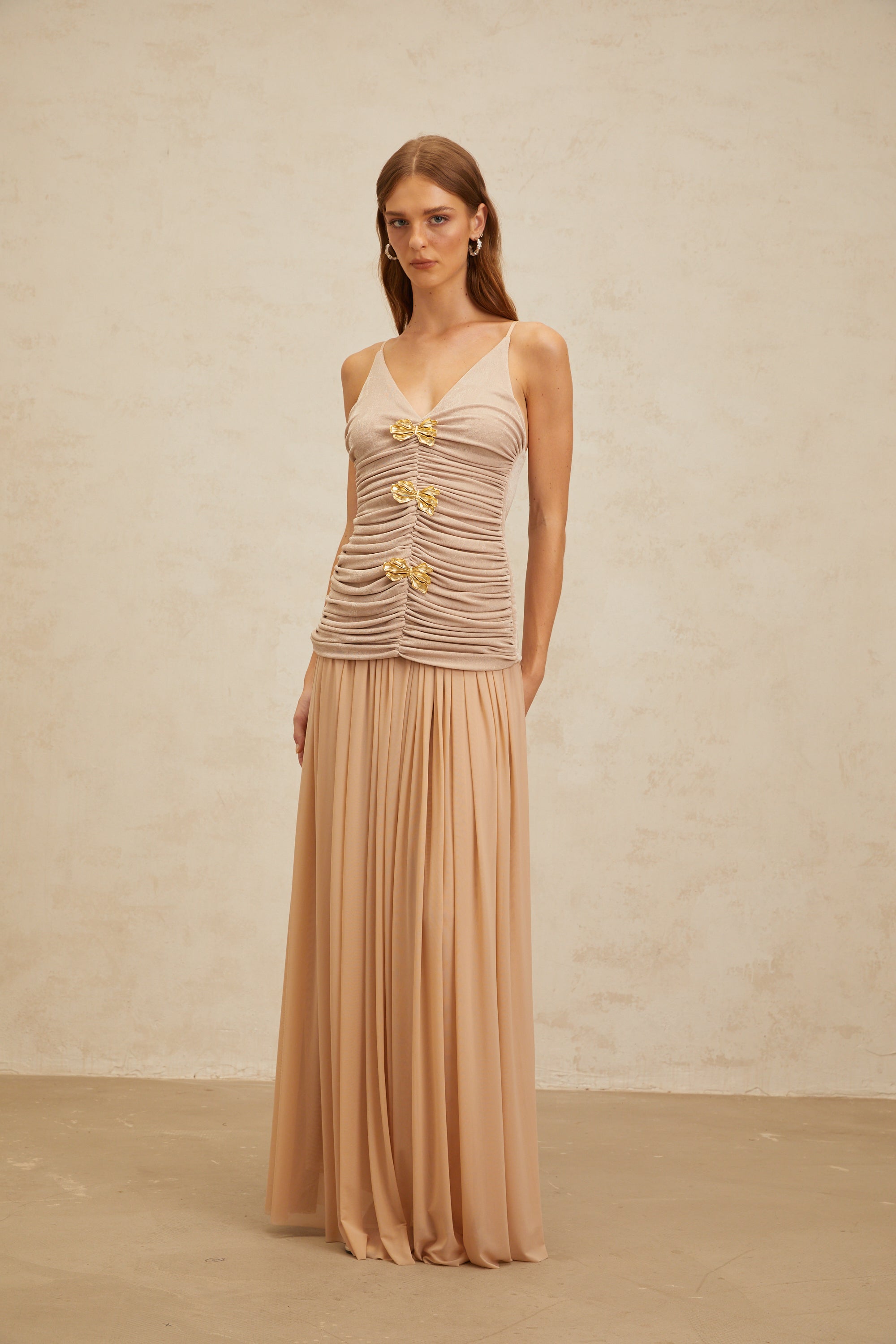Léonie Neutral Chic Brooch Detail Top & Skirt Set (Final Sale-US Only)