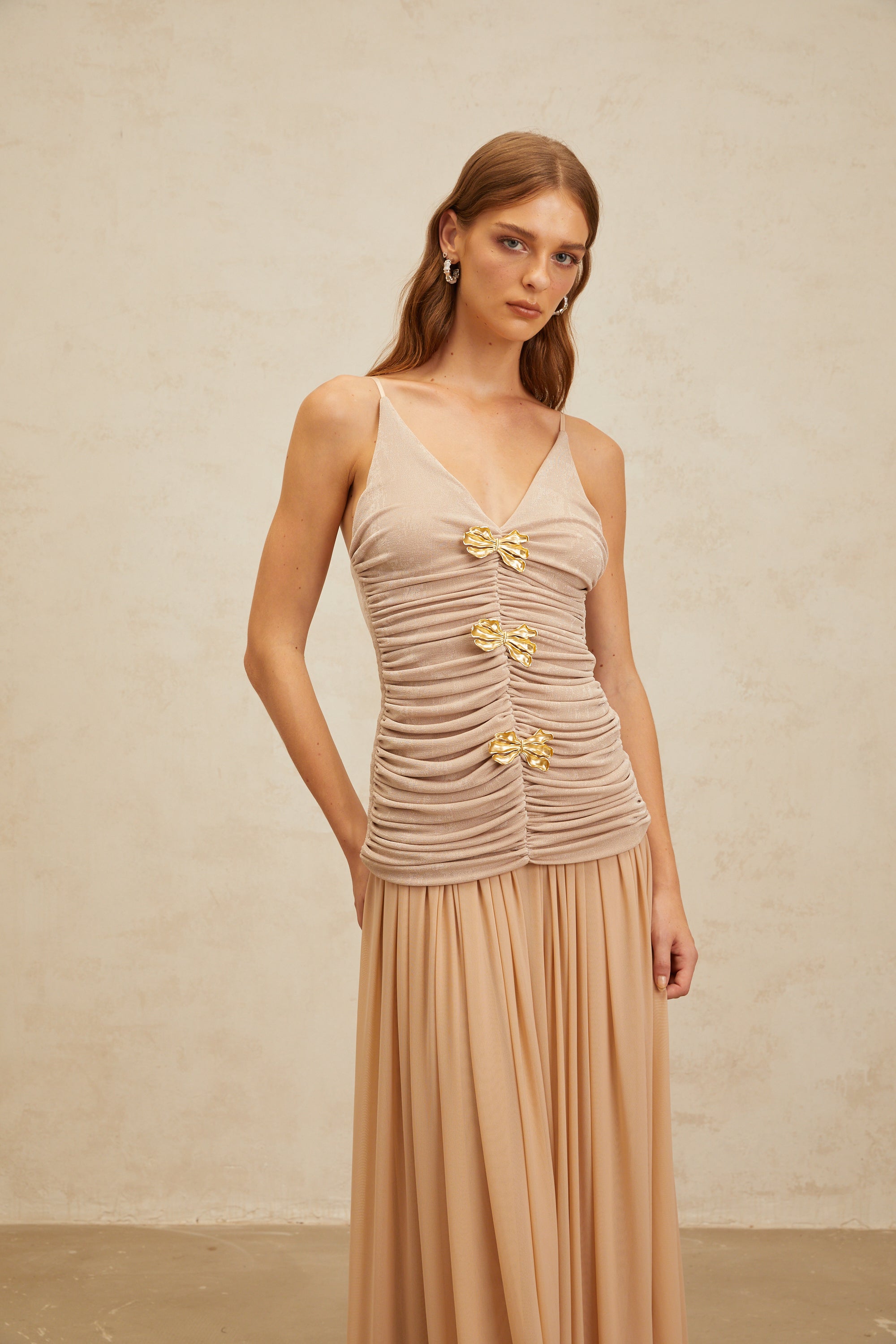 Léonie Neutral Chic Brooch Detail Top & Skirt Set (Final Sale-US Only)
