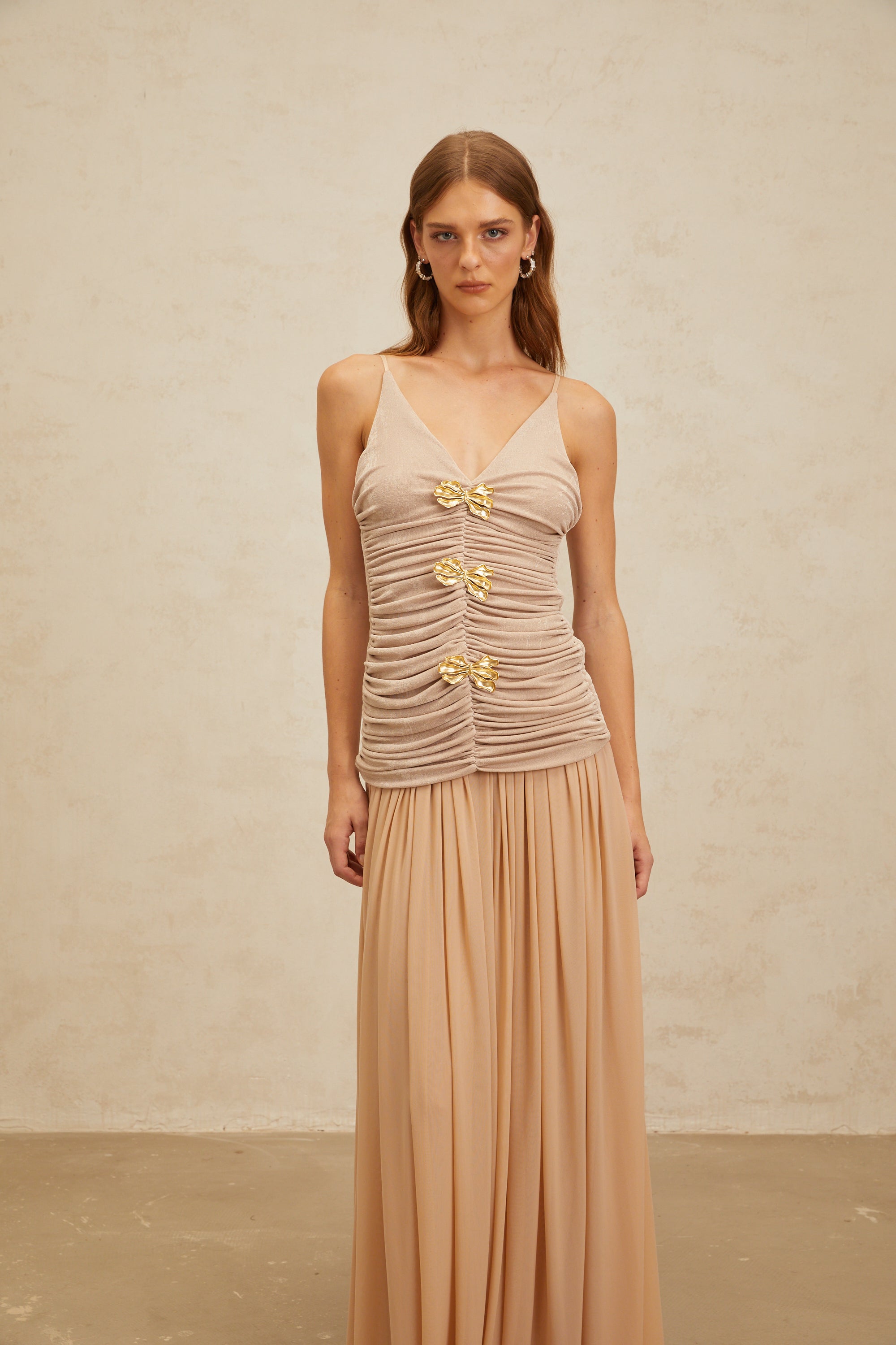 Léonie Neutral Chic Brooch Detail Top & Skirt Set (Final Sale-US Only)