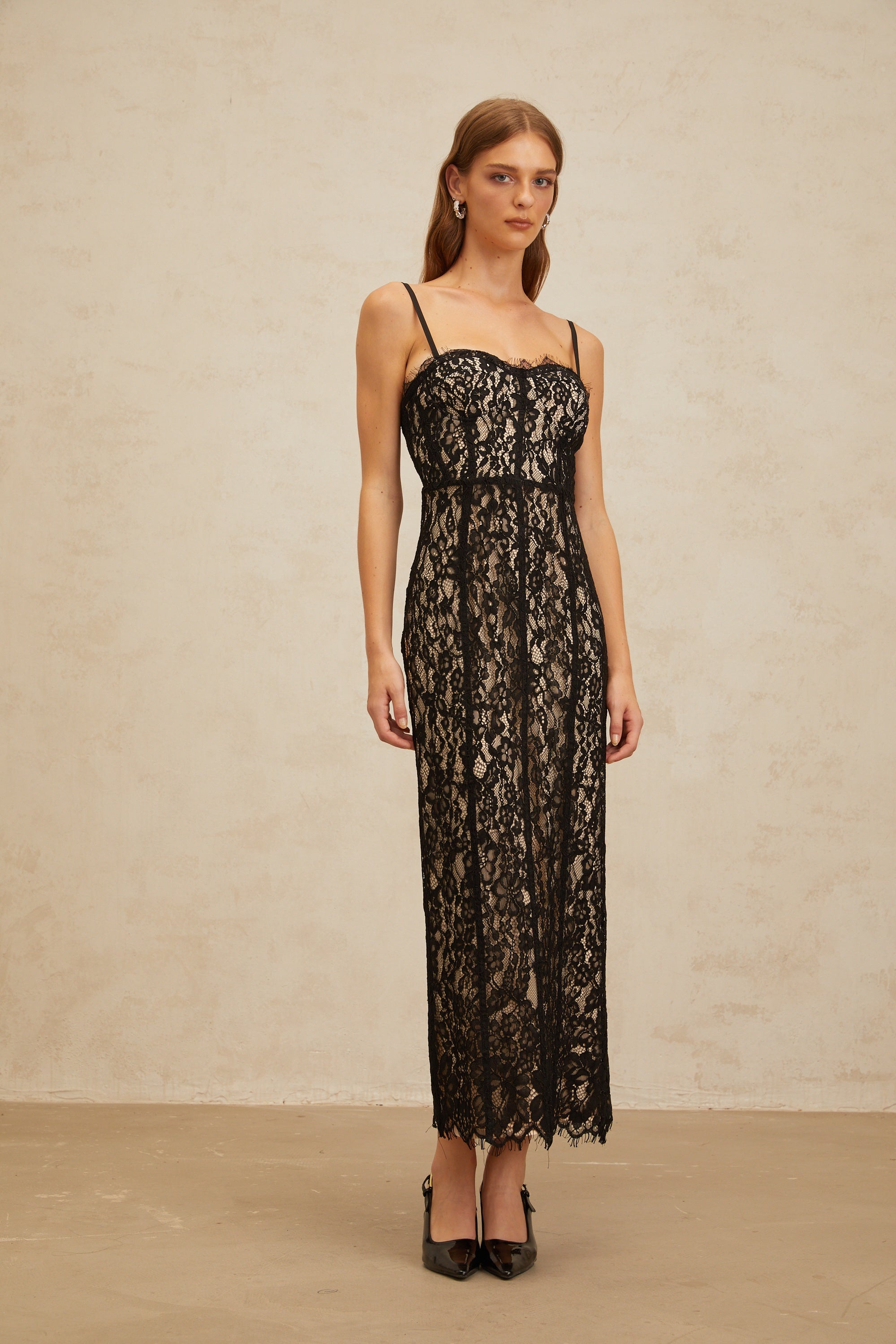 Fleur Black Floral Lace Bustier Maxi Dress