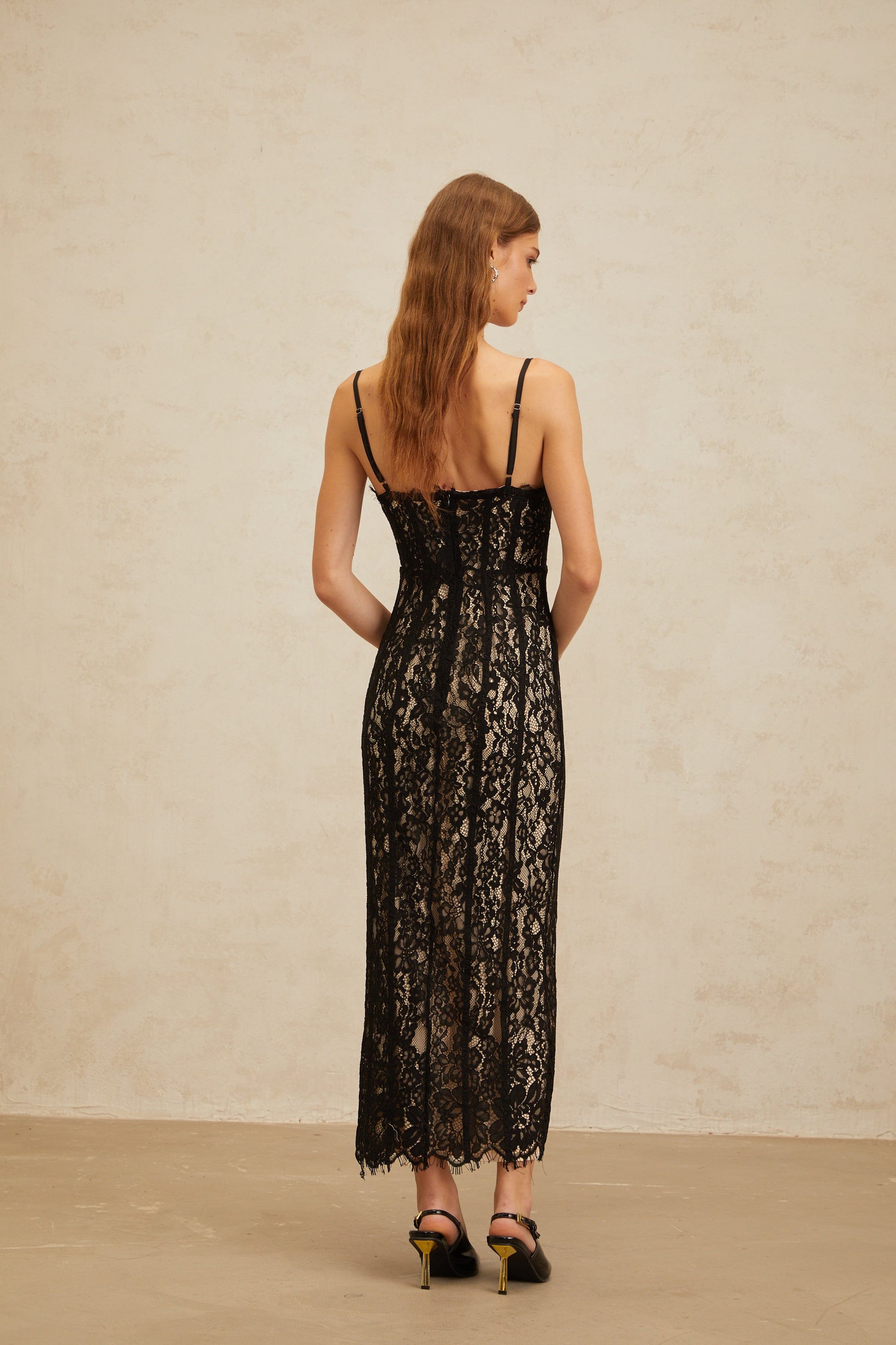 Fleur Black Floral Lace Bustier Maxi Dress