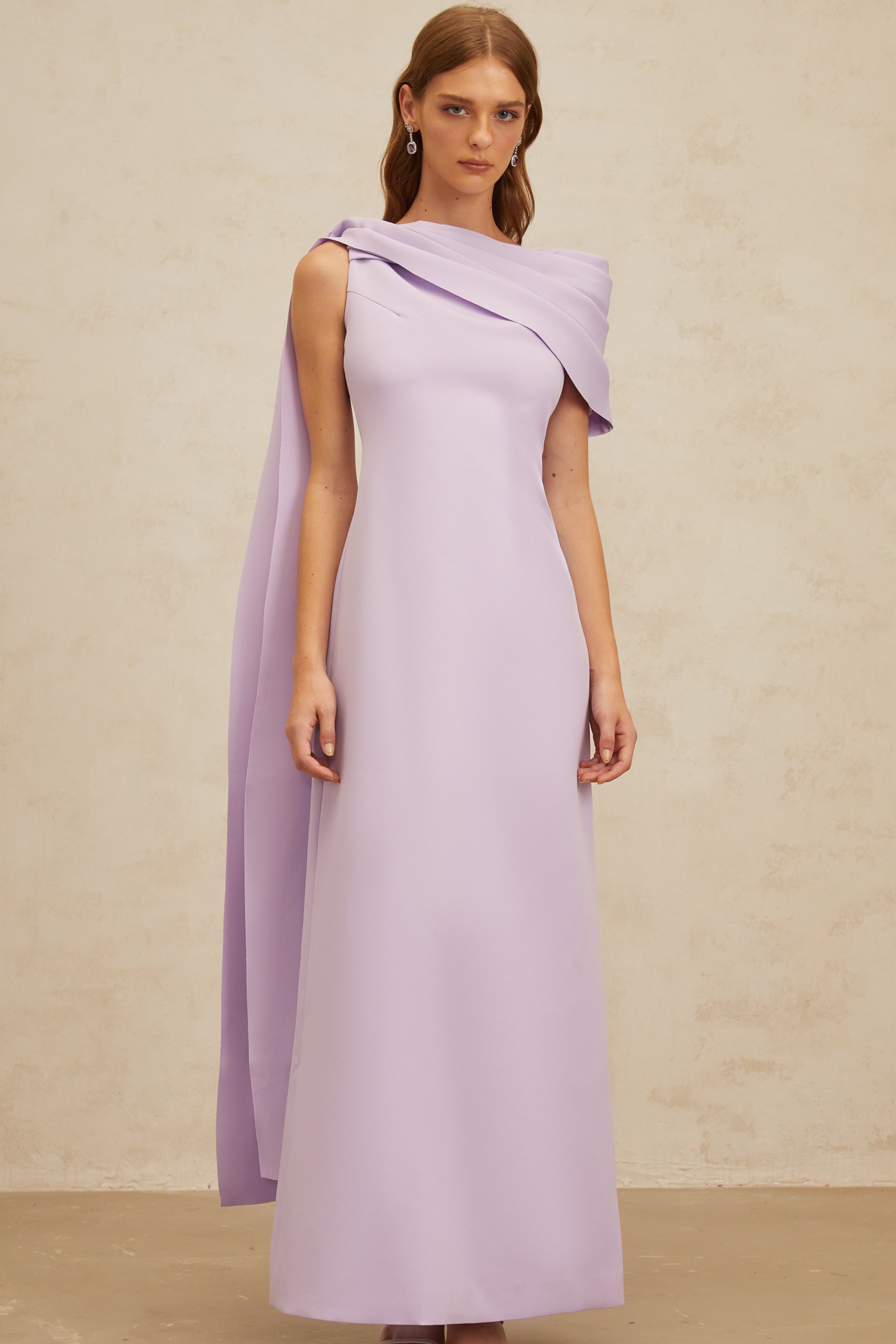 Annabelle Purple Cape-Design Ribbon Maxi Dress