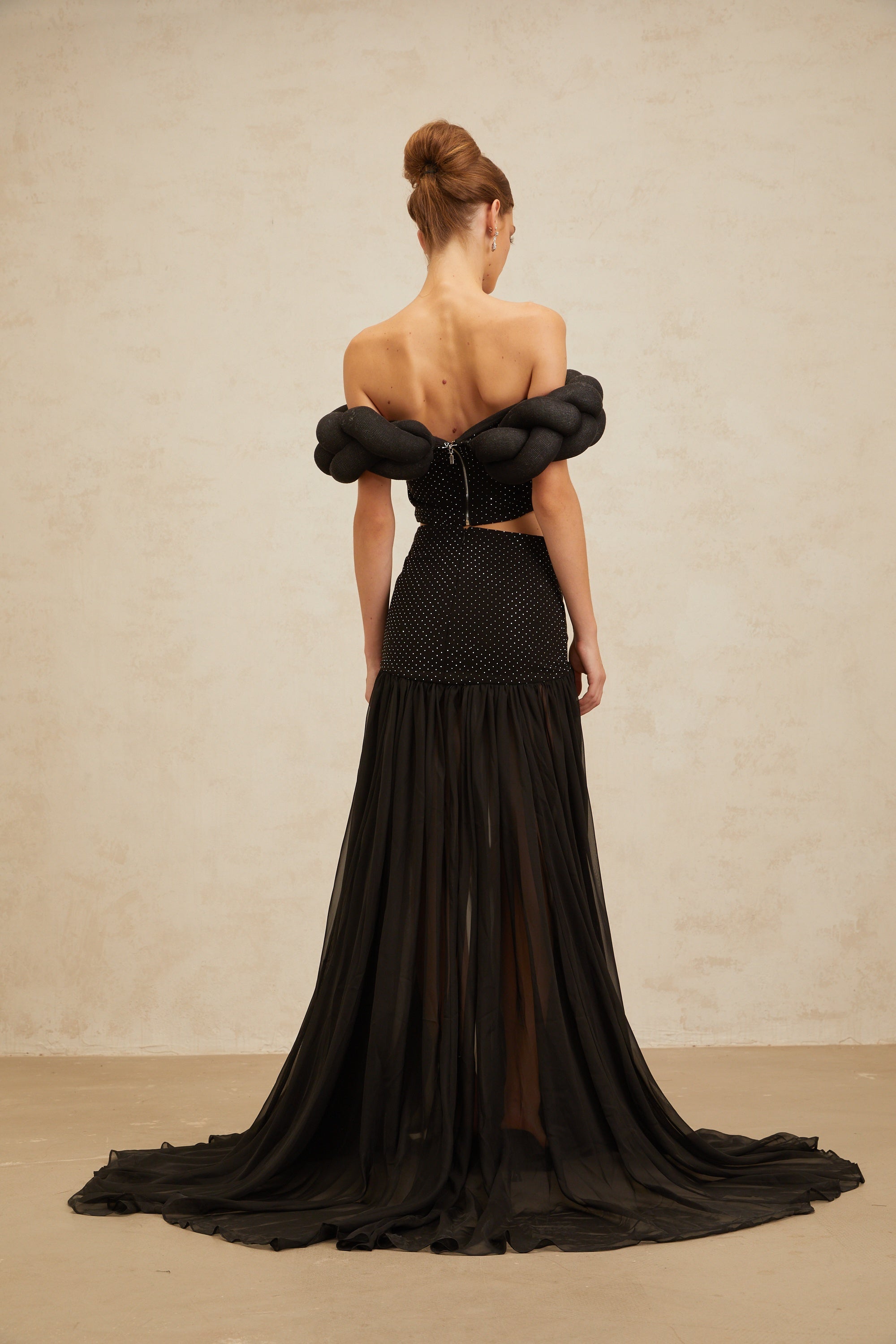 Camille Black Braid-Detail Rhinestone Embellished Crop Top