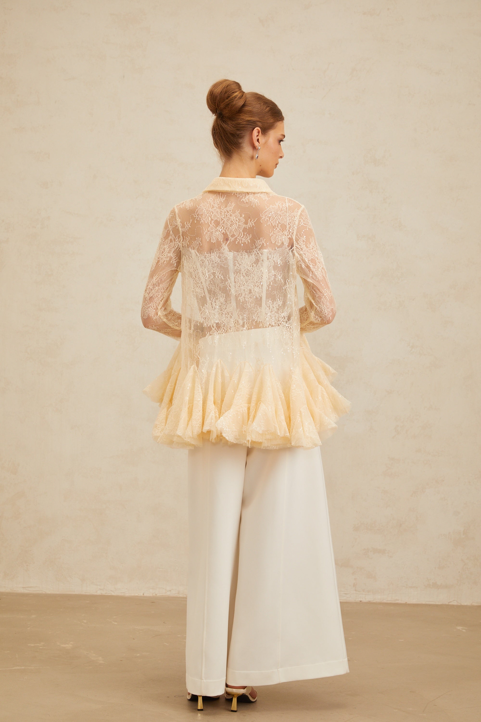 Ingrid Neutral Peplum Floral Lace Blouse