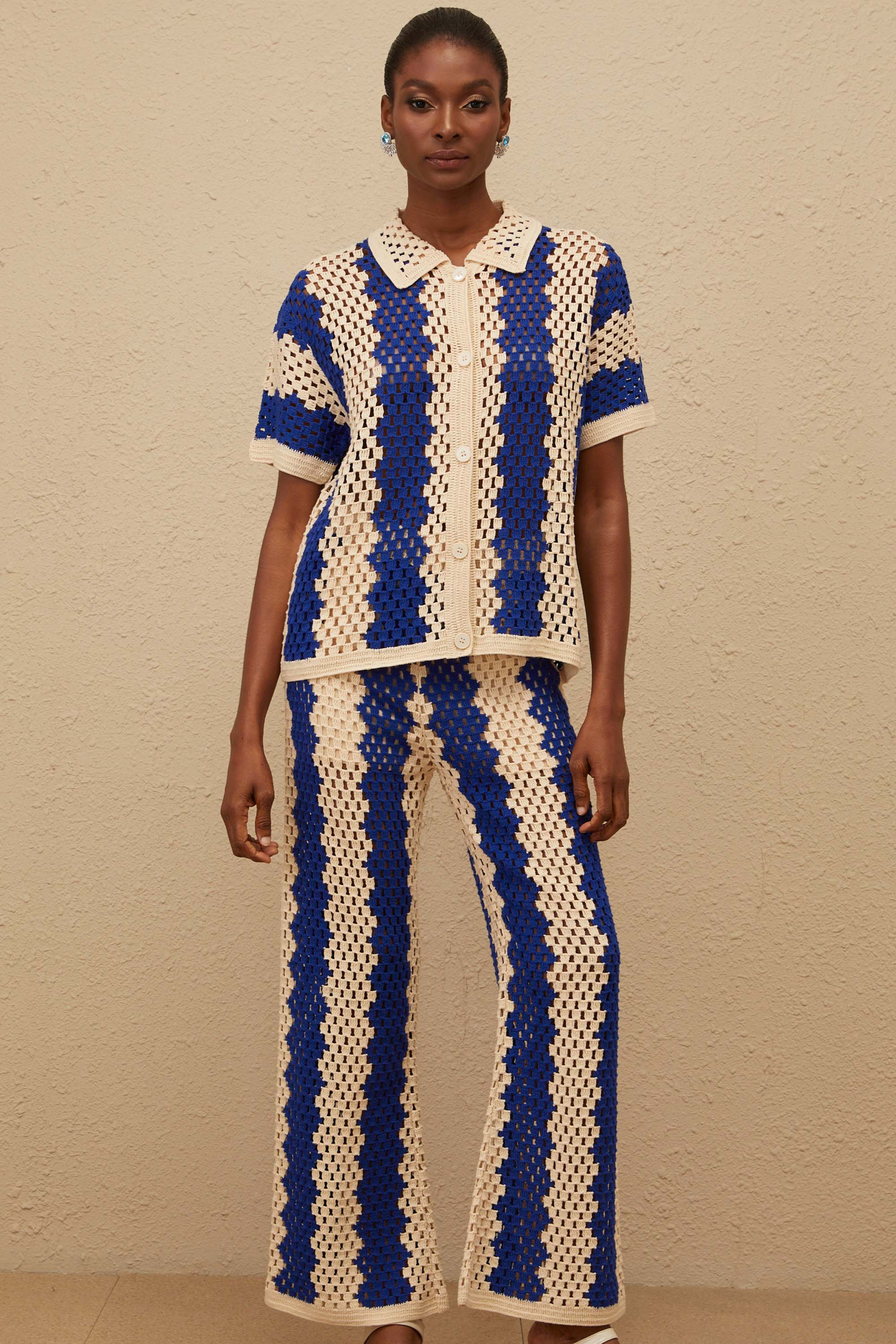 Océane Blue Cutout Crochet Knit Shirt & Trousers Set