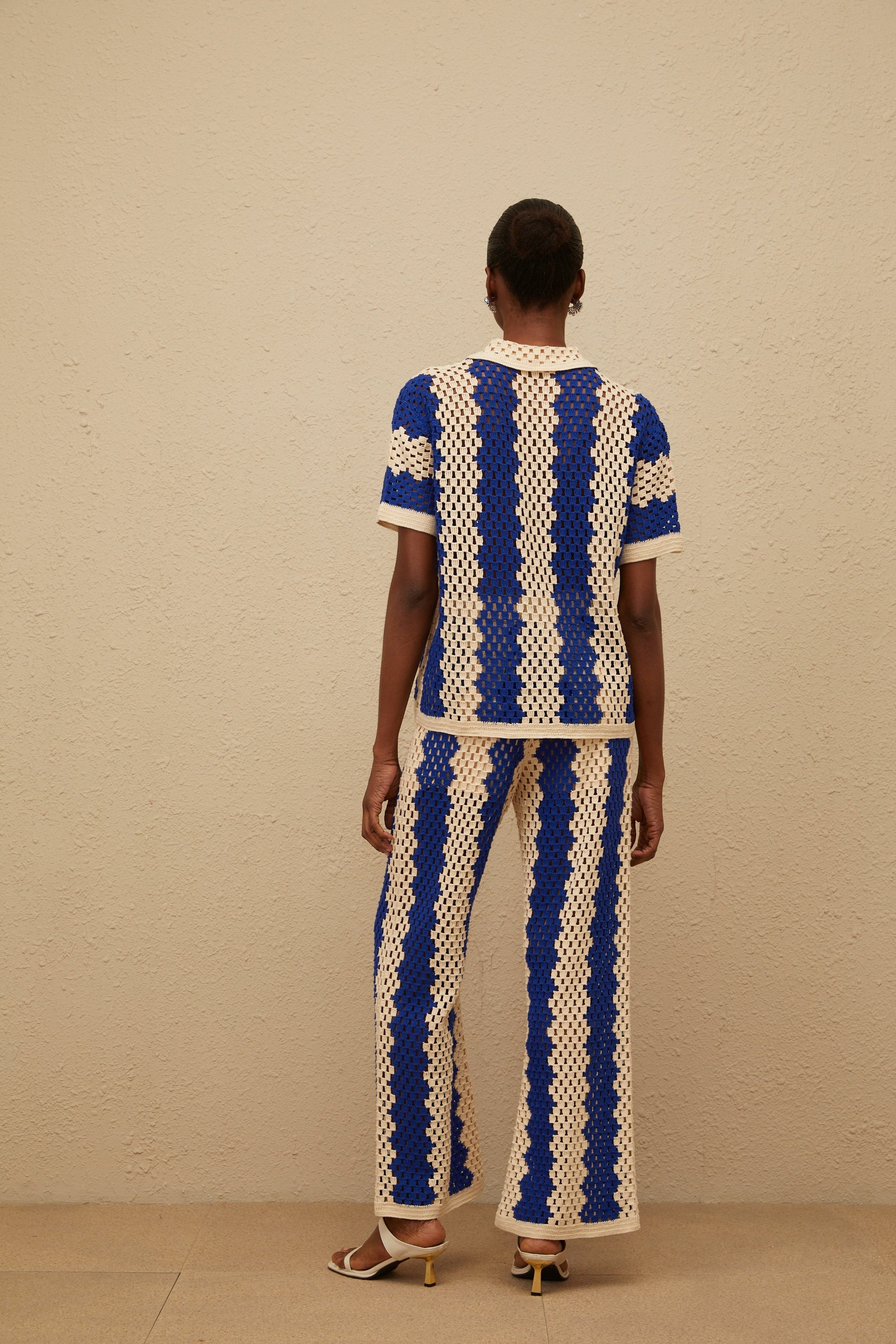 Océane Blue Cutout Crochet Knit Shirt & Trousers Set