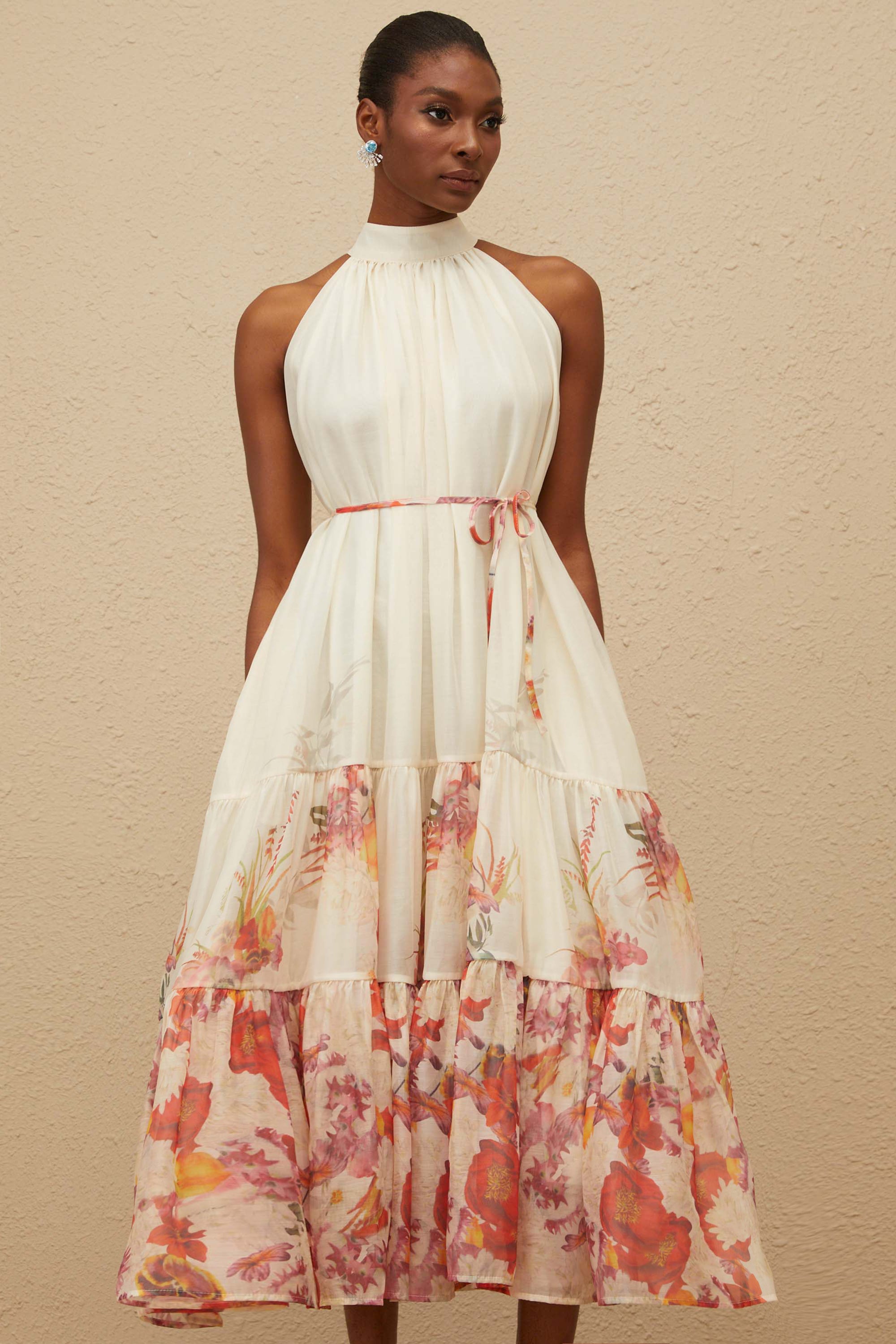 Fleur Neutral Shirred Floral Midi Dress