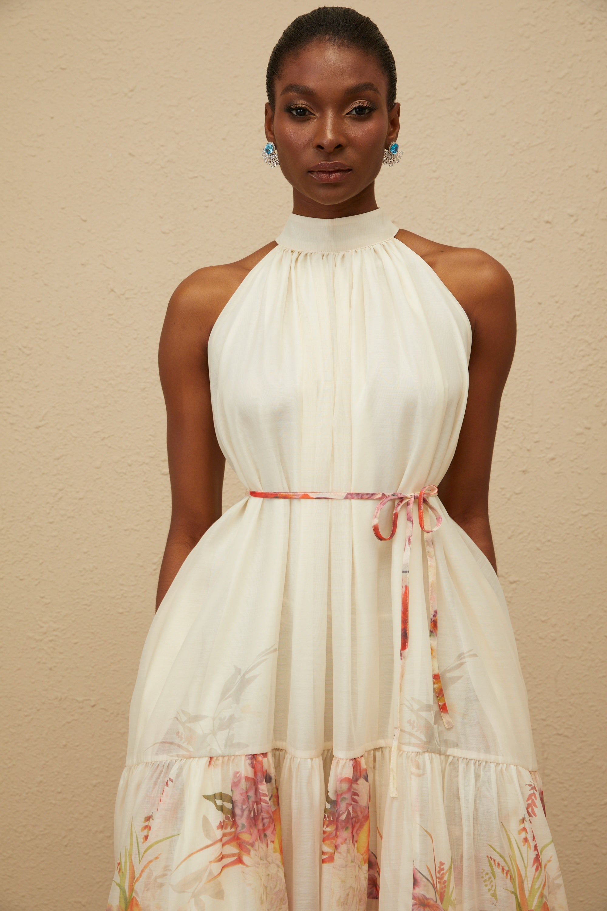 Fleur Neutral Shirred Floral Midi Dress