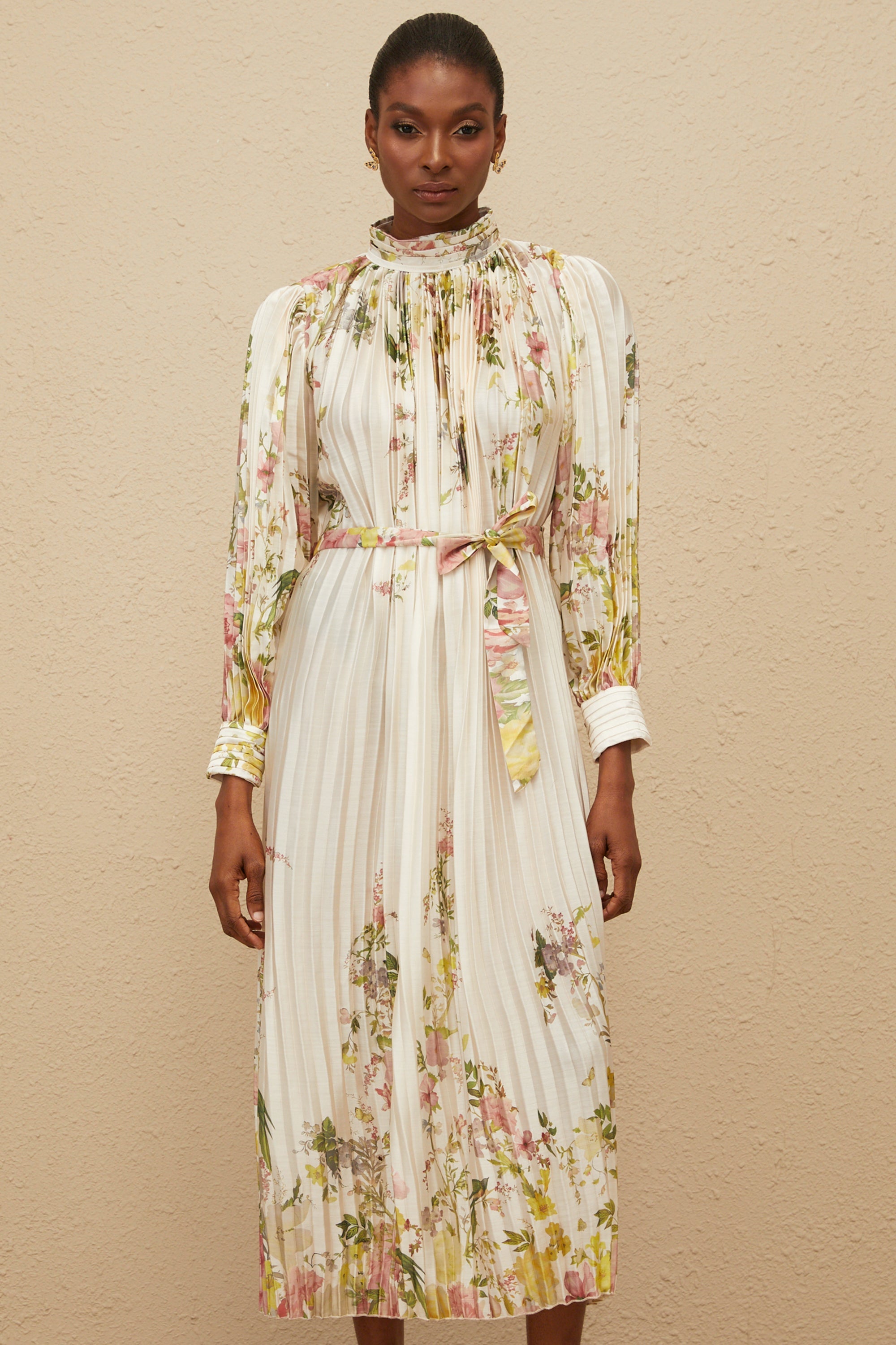 Poétique White Pleated Floral Print Midi Dress
