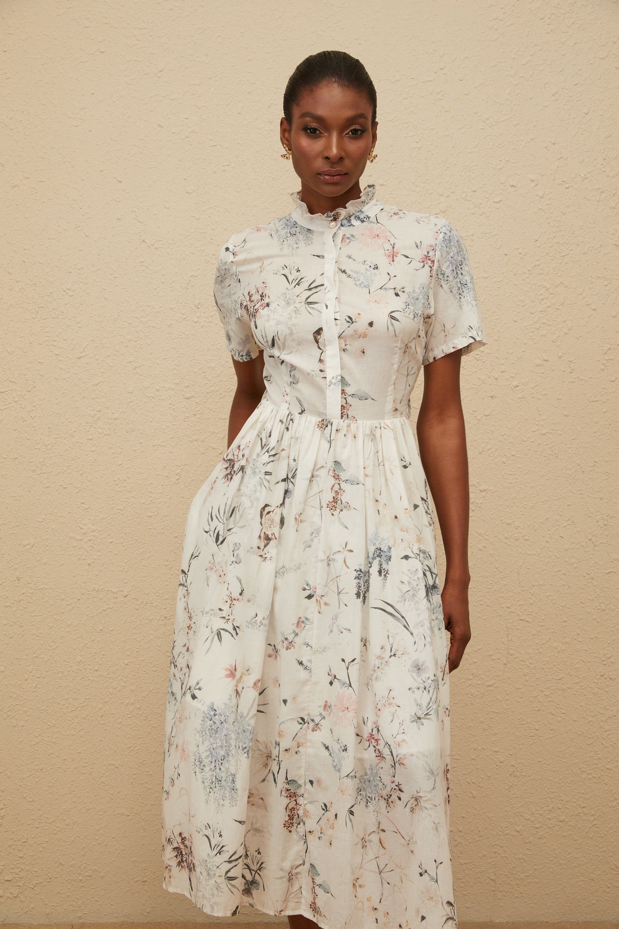 Héloïse White Floral Print Summer Midi Dress