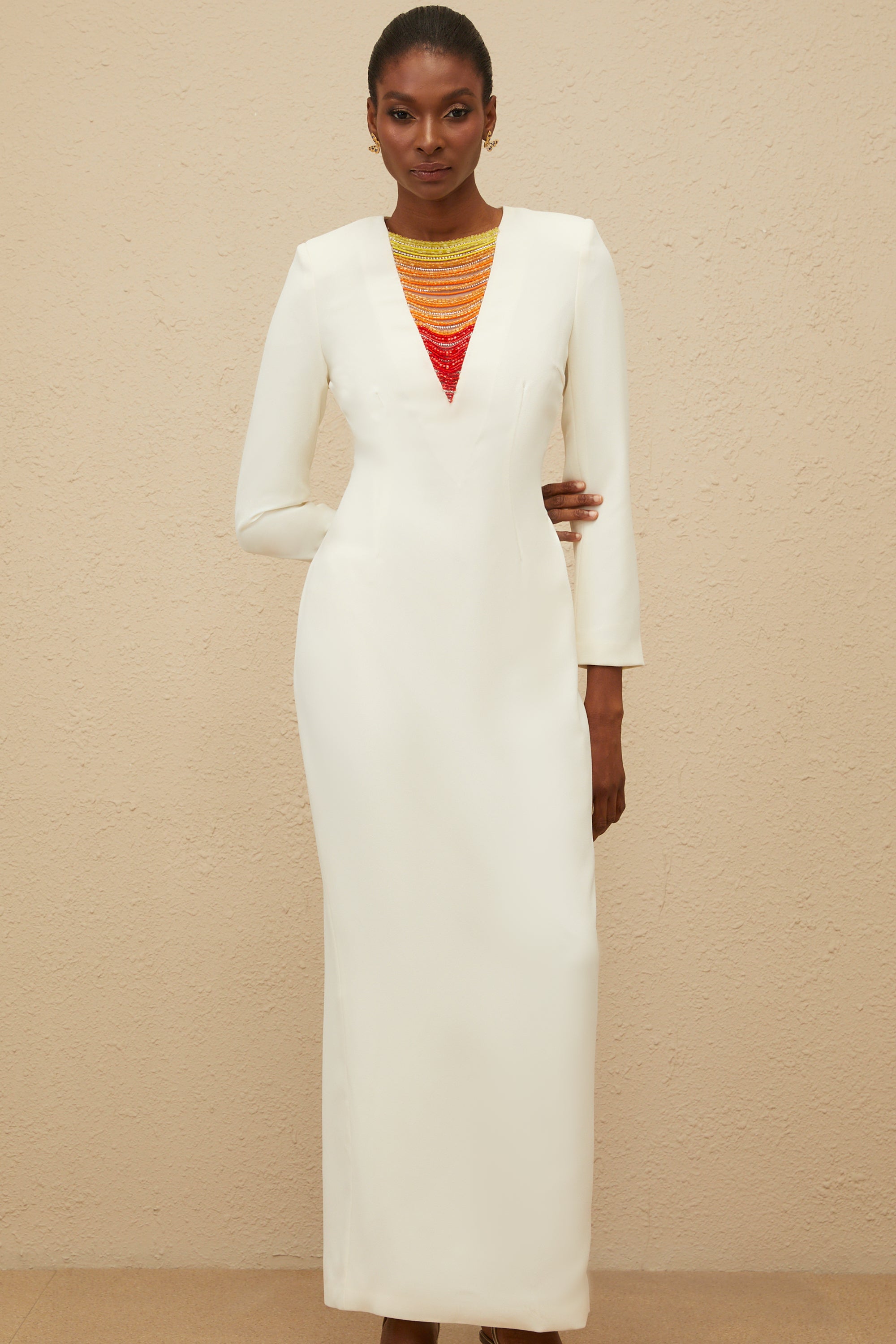 Rosée White Rhinestone Bead Embellished Maxi Dress