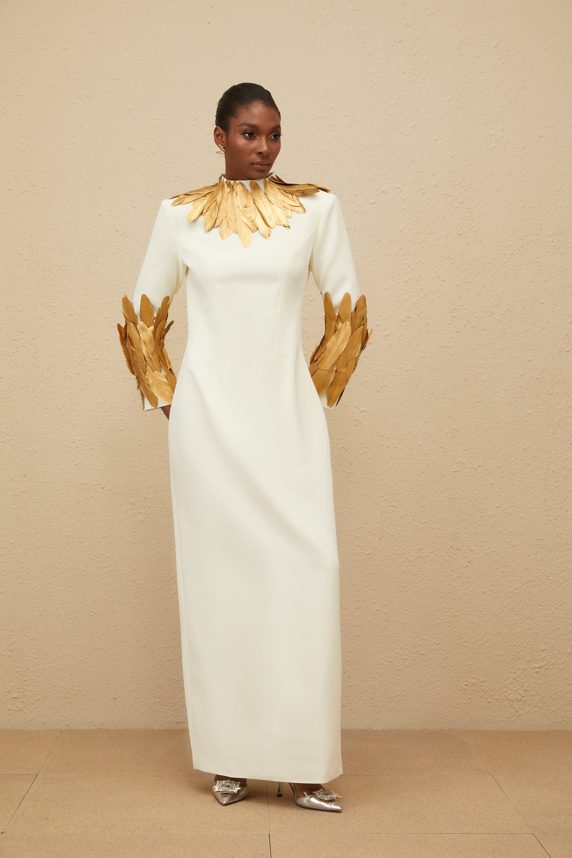Nocturne White Feather-Trim Maxi Dress