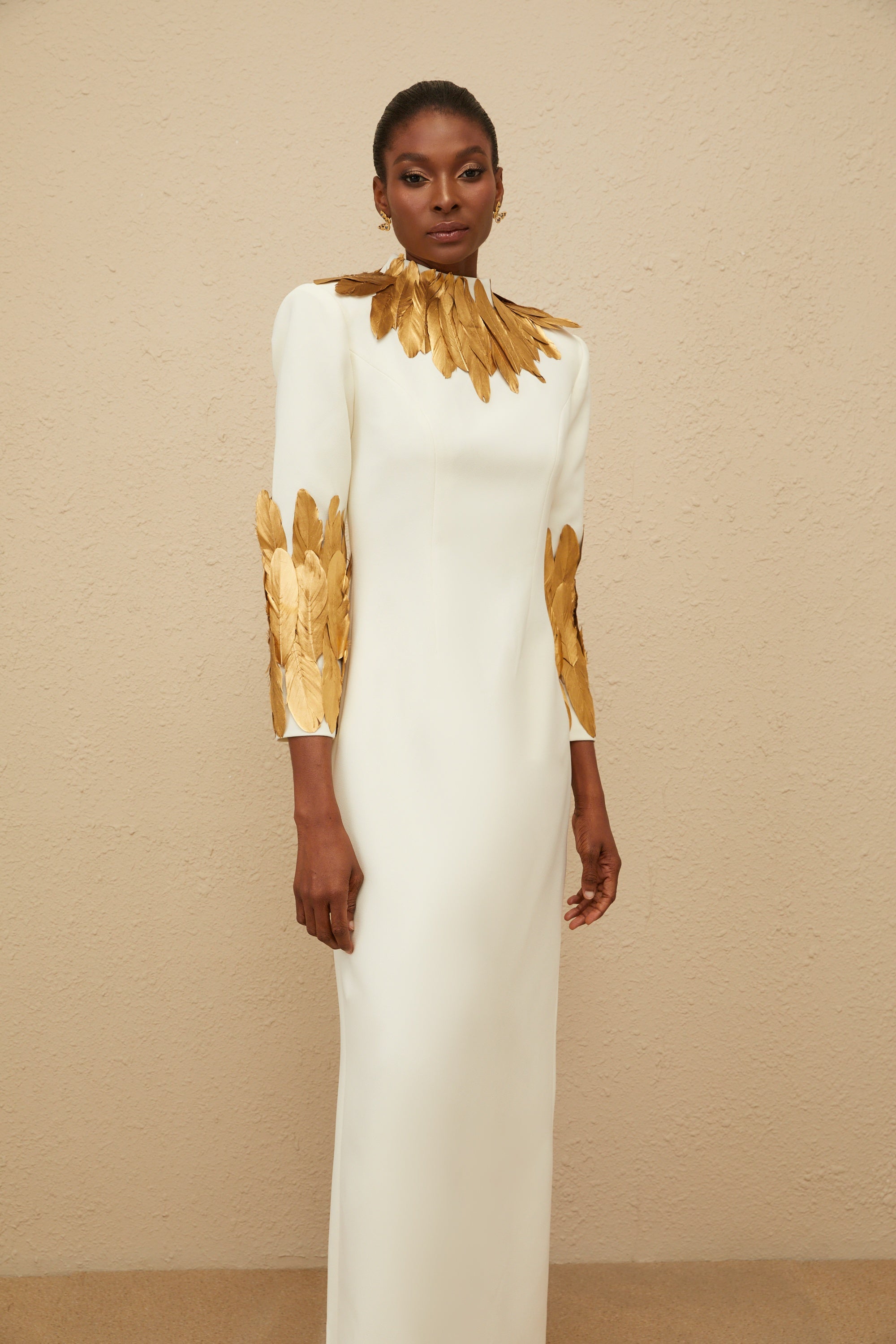Nocturne White Feather-Trim Maxi Dress