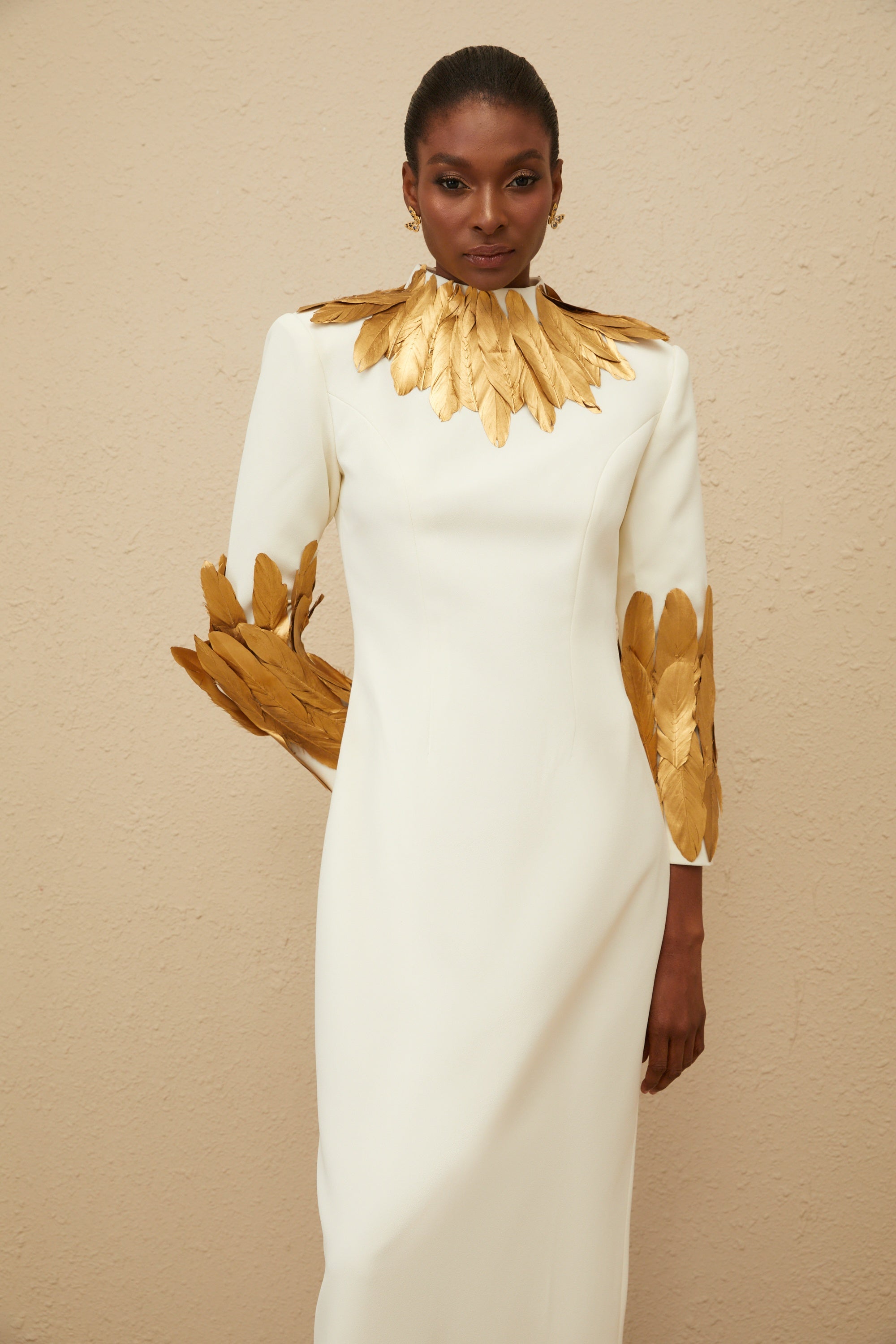 Nocturne White Feather-Trim Maxi Dress