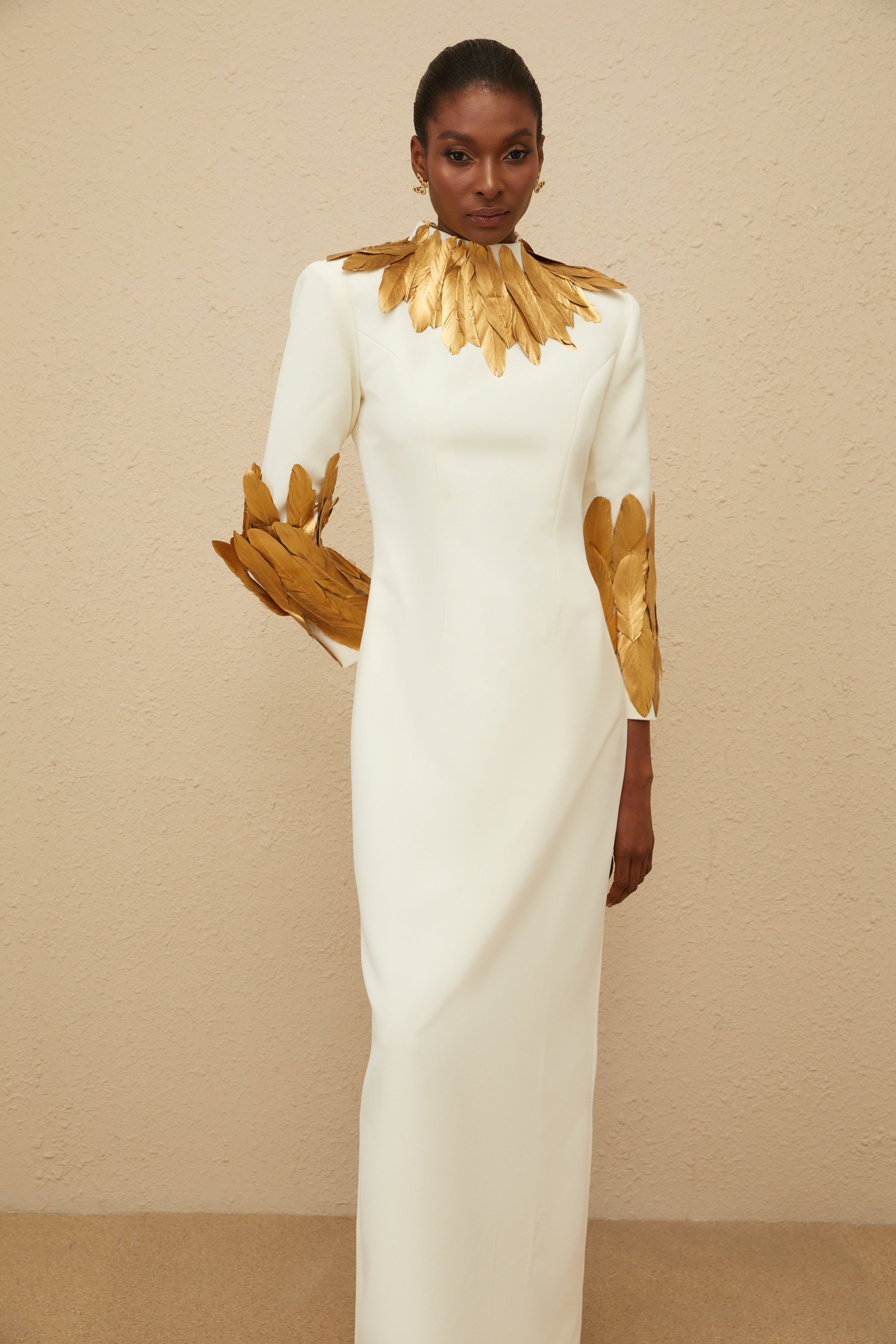 Nocturne White Feather-Trim Maxi Dress