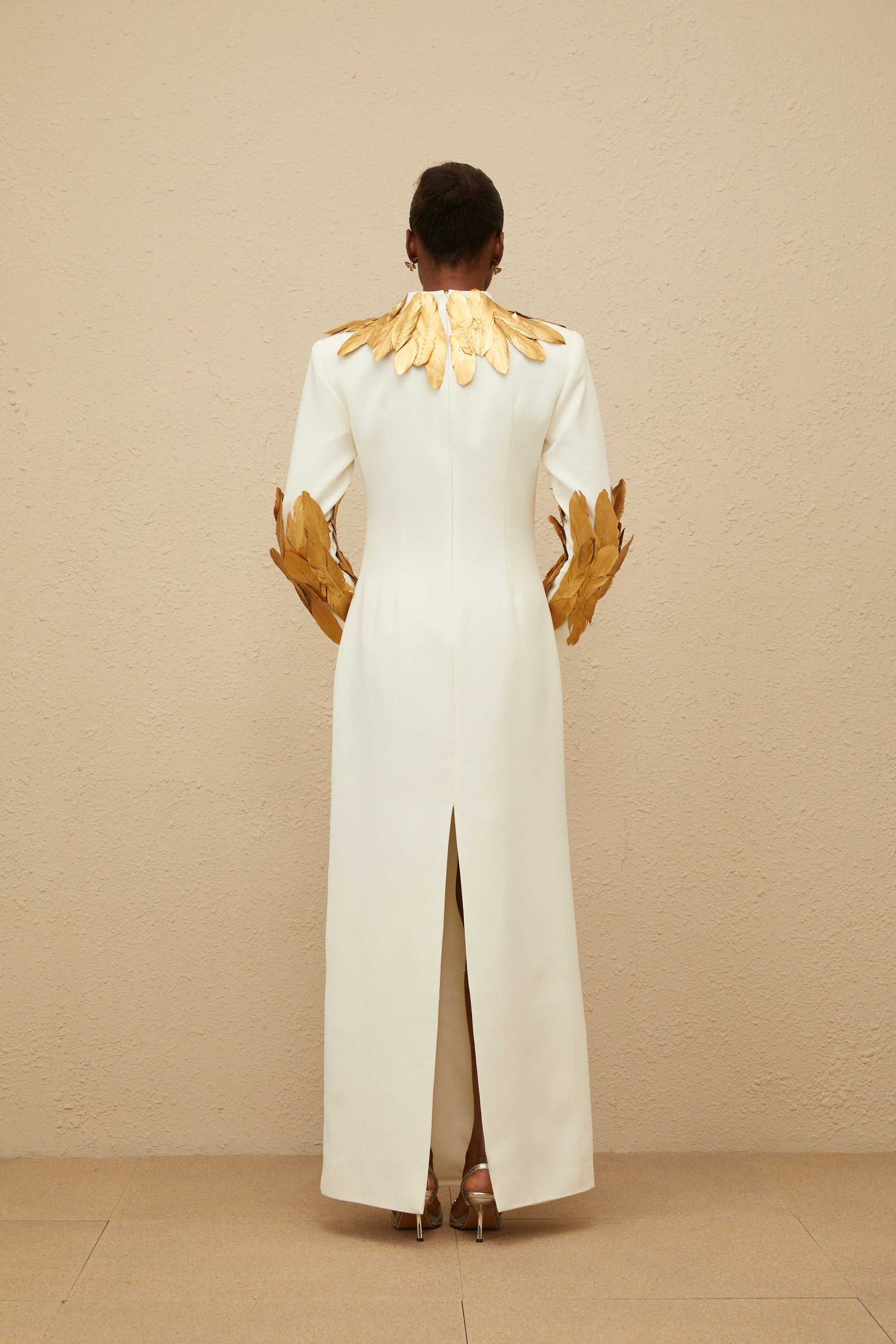 Nocturne White Feather-Trim Maxi Dress