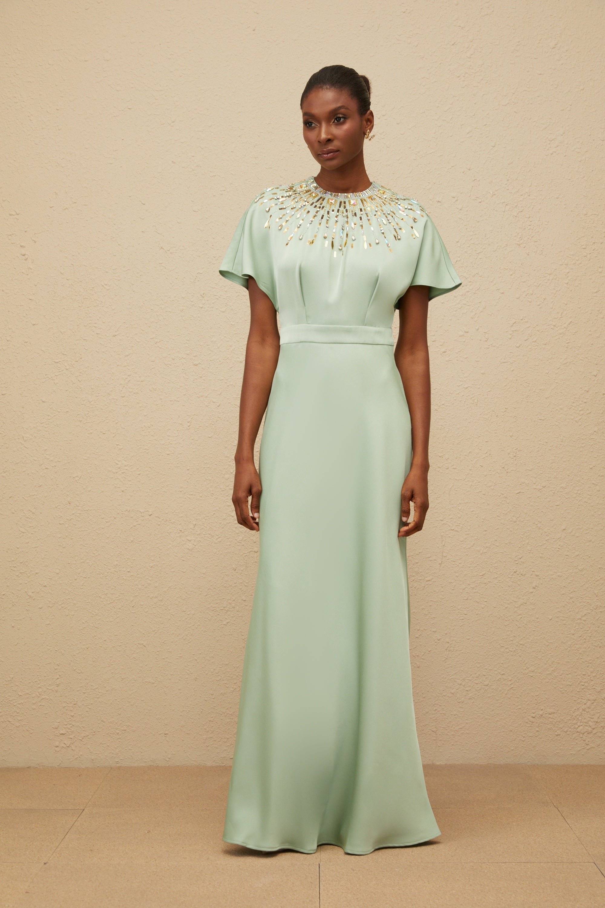 Ombrage Green Embellished Satin Maxi Dress