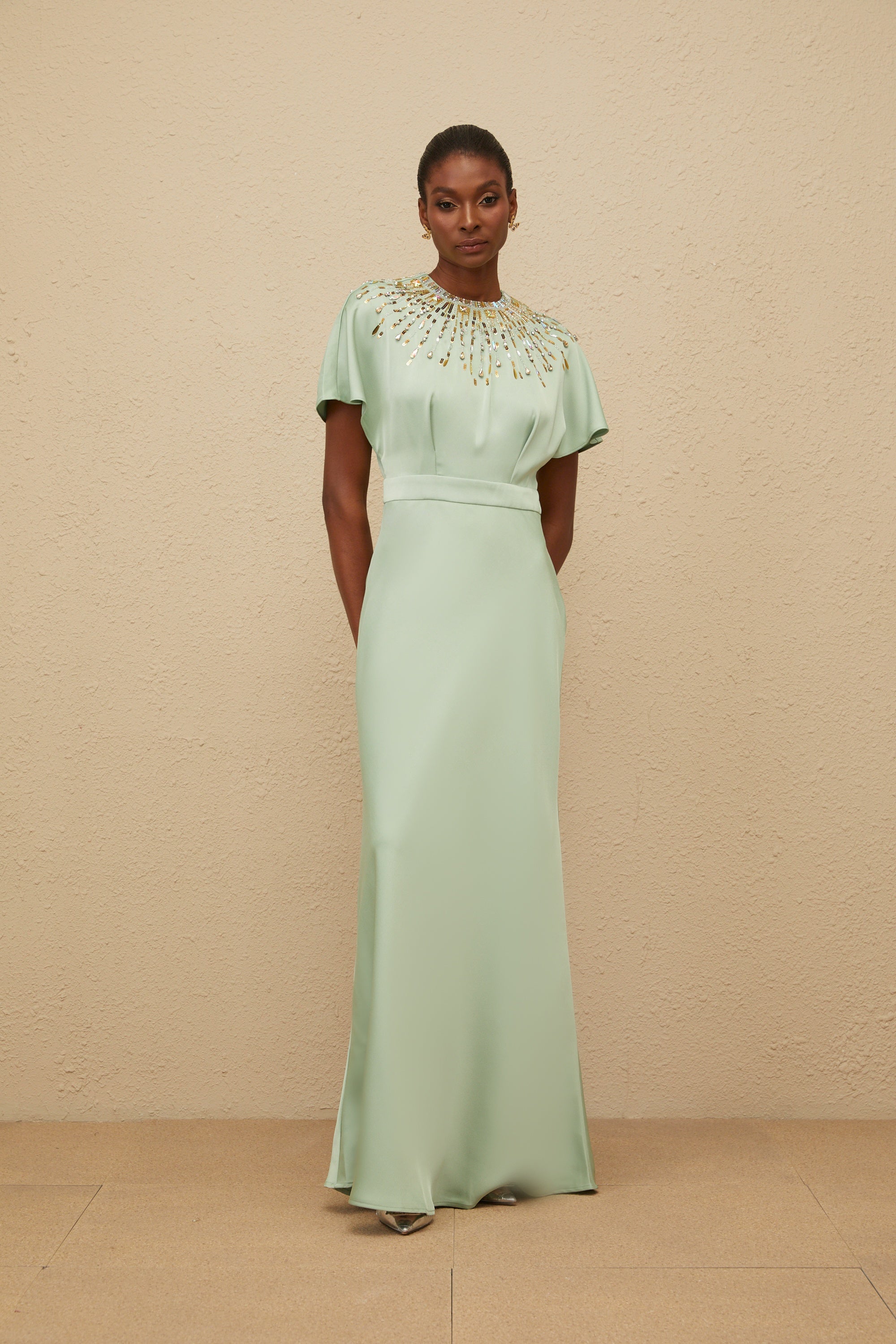 Ombrage Green Embellished Satin Maxi Dress