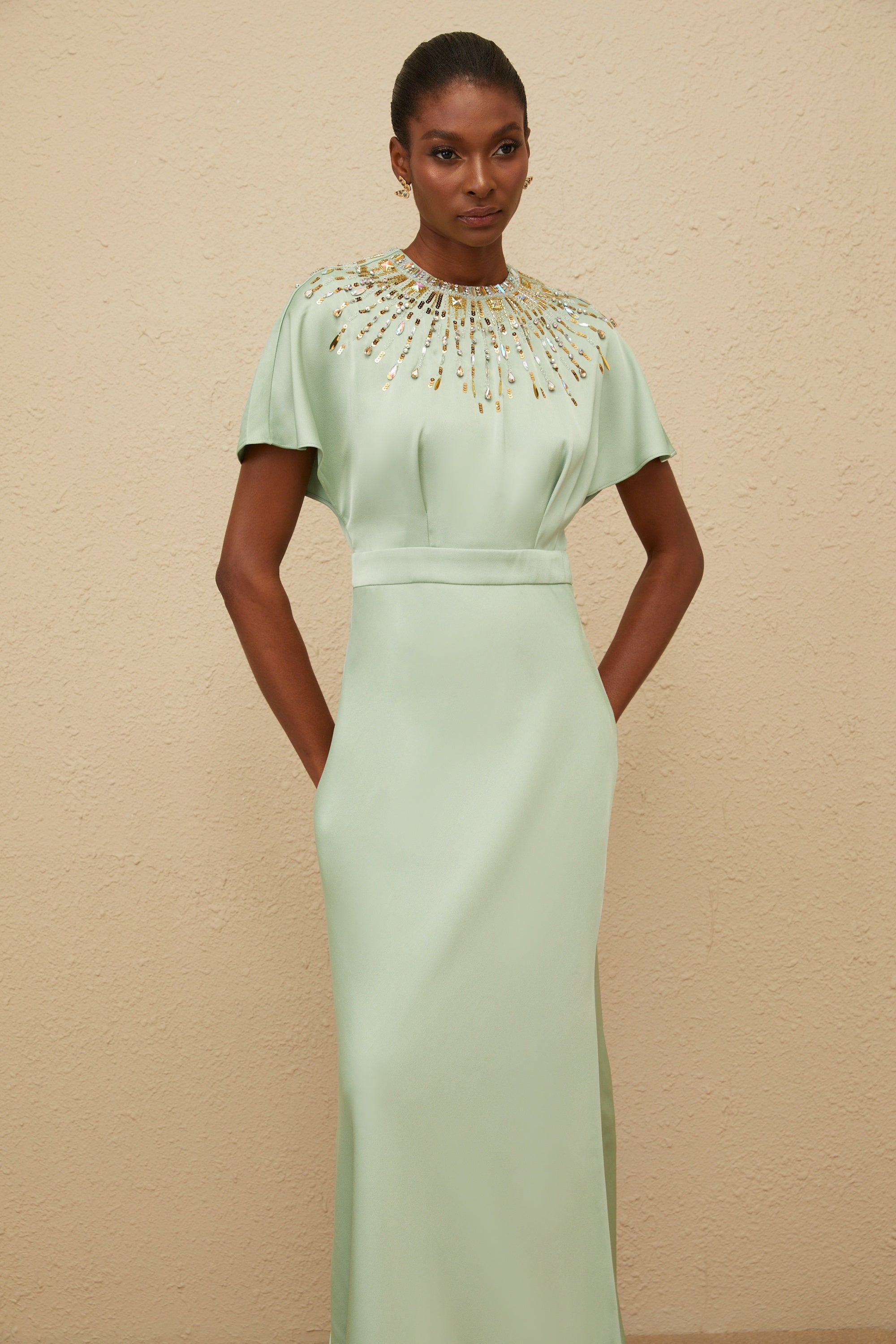 Ombrage Green Embellished Satin Maxi Dress