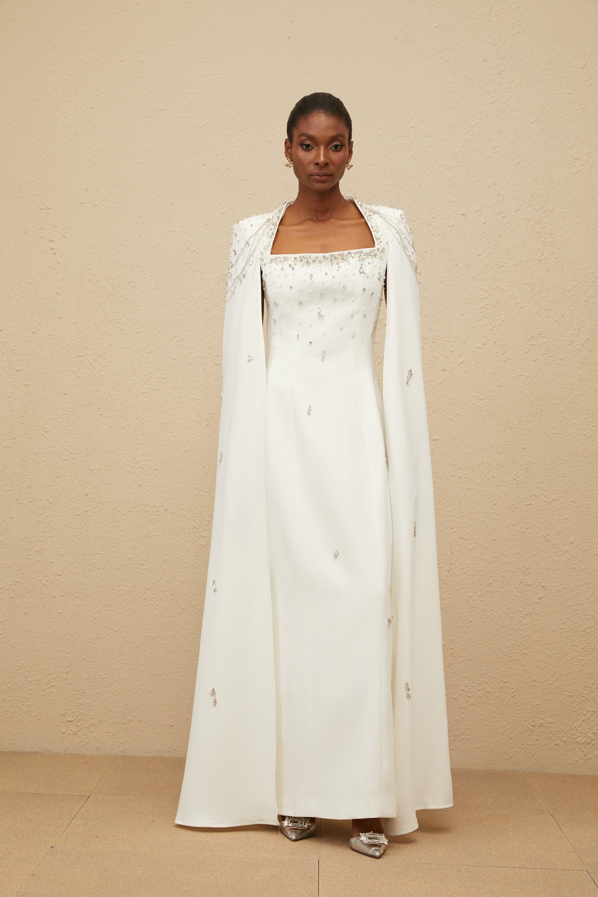Épuré White Embellished Cape Gown (Final Sale-US Only)