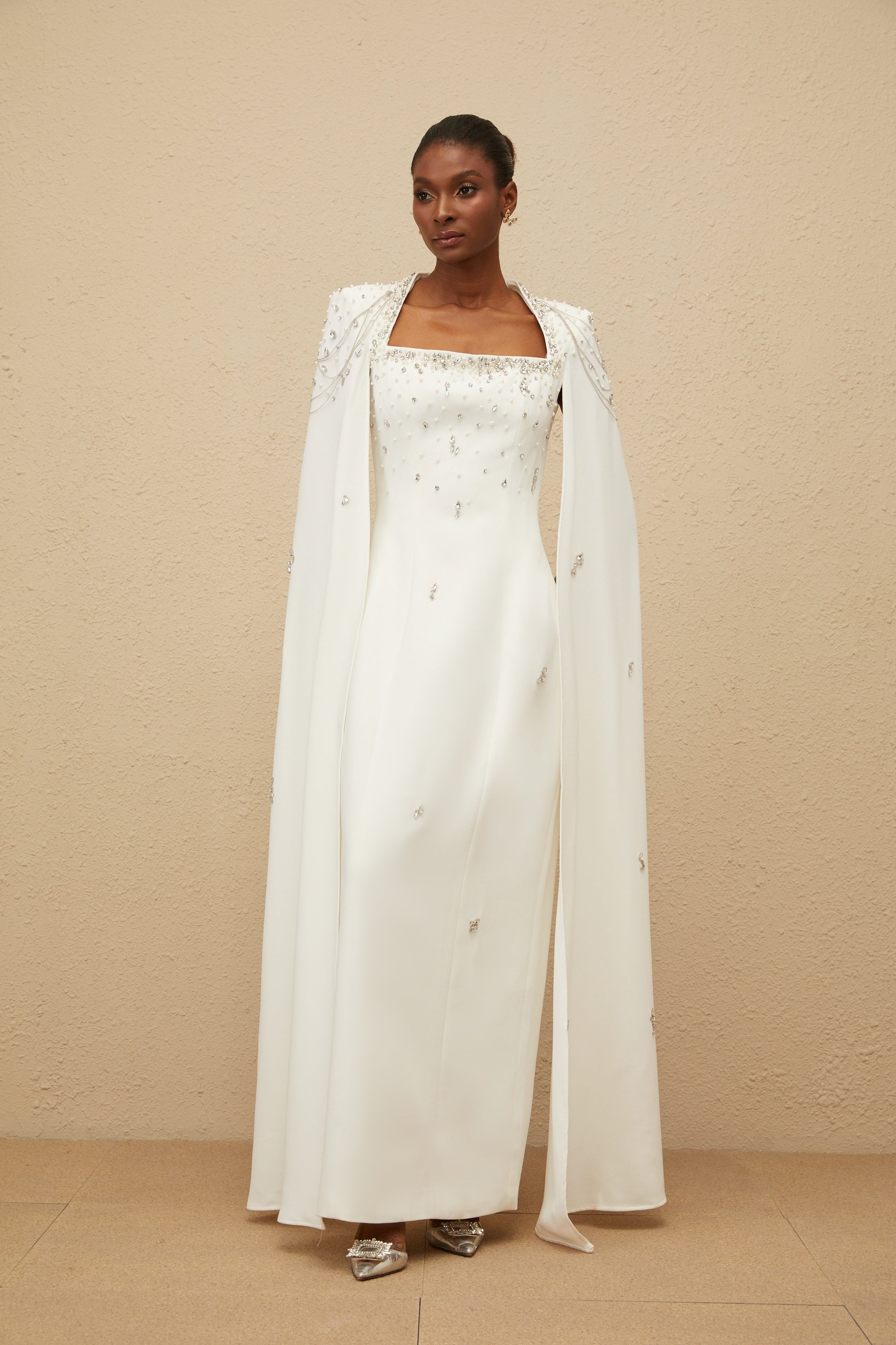 Épuré White Embellished Cape Gown