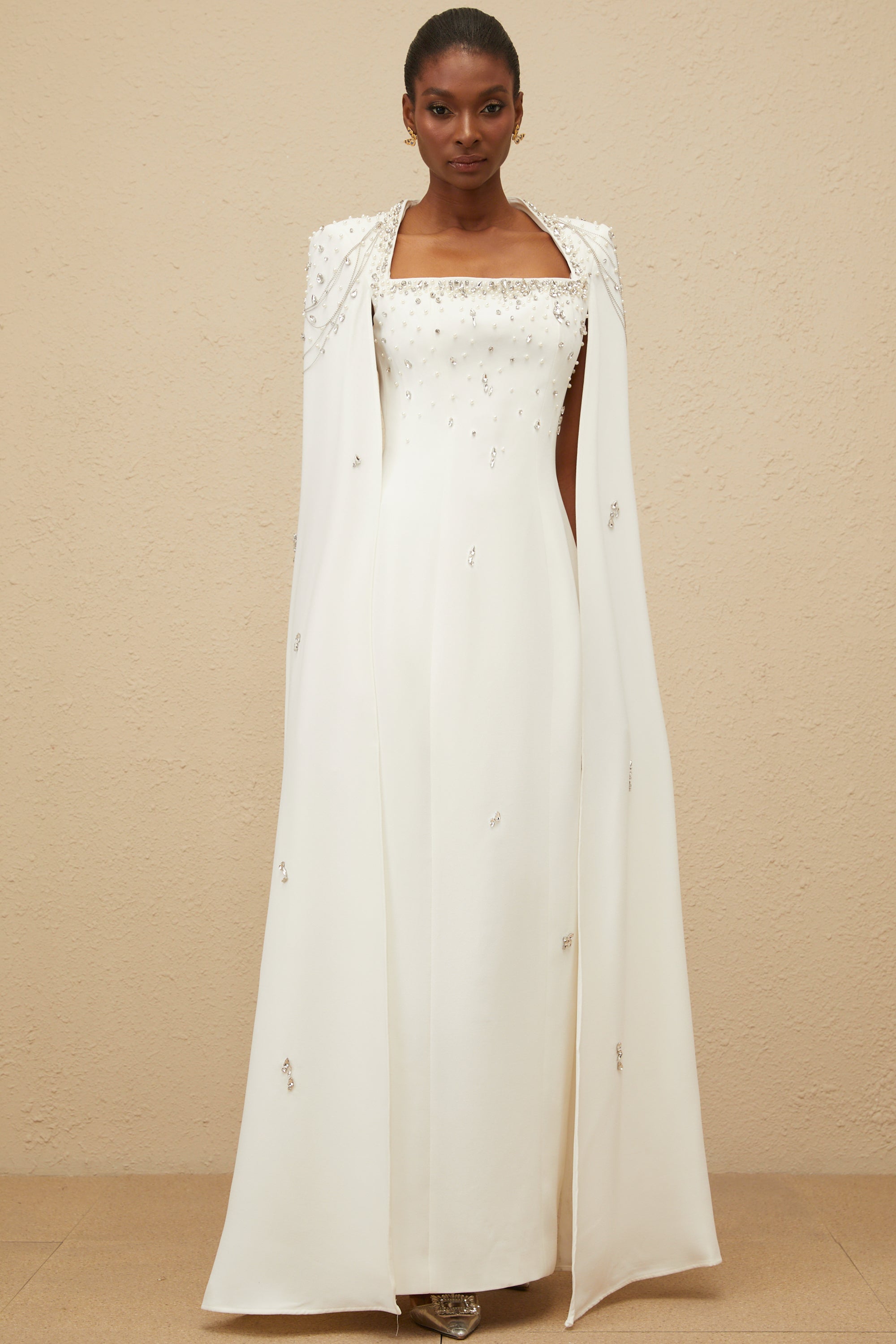 Épuré White Embellished Cape Gown (Final Sale-US Only)