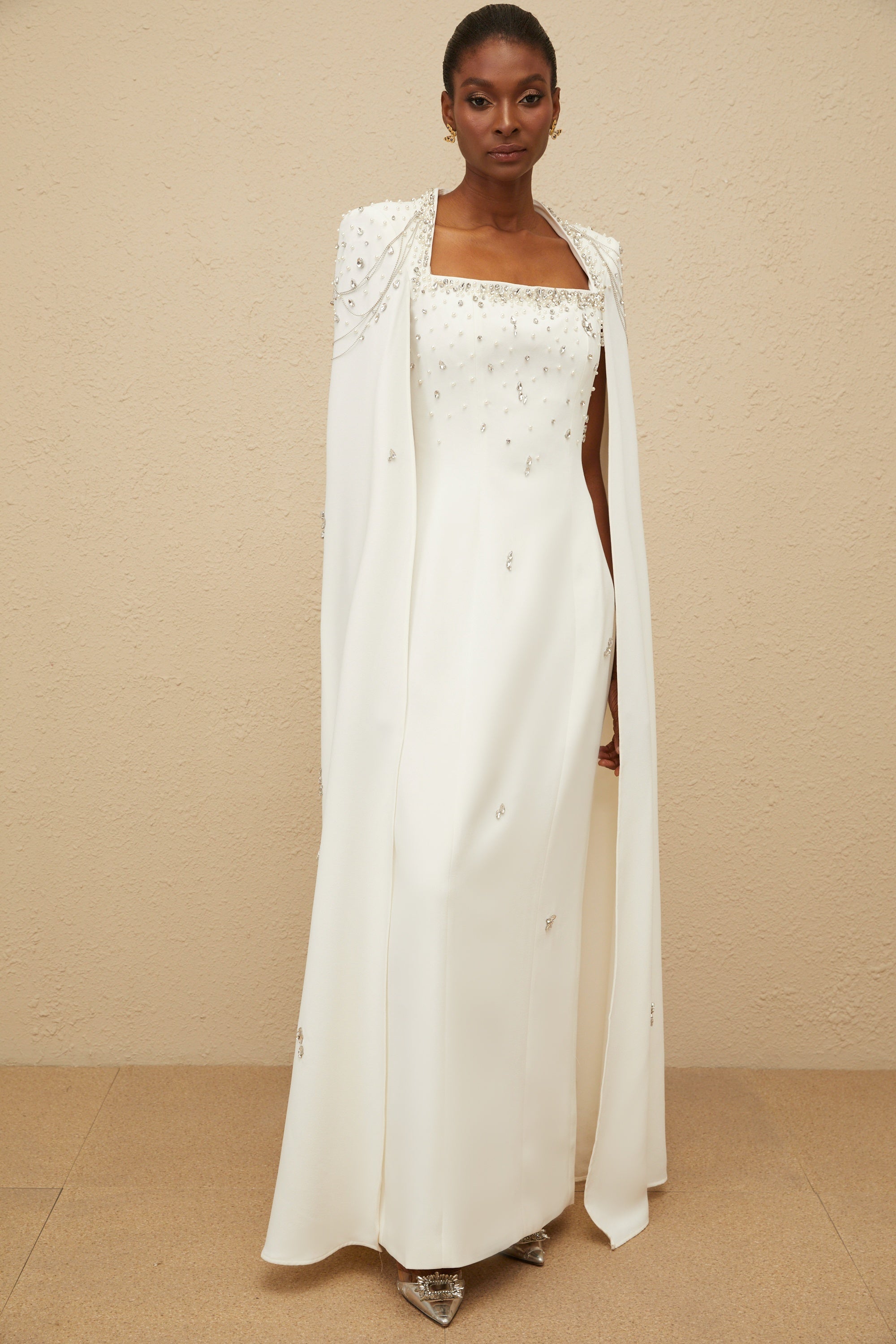 Épuré White Embellished Cape Gown