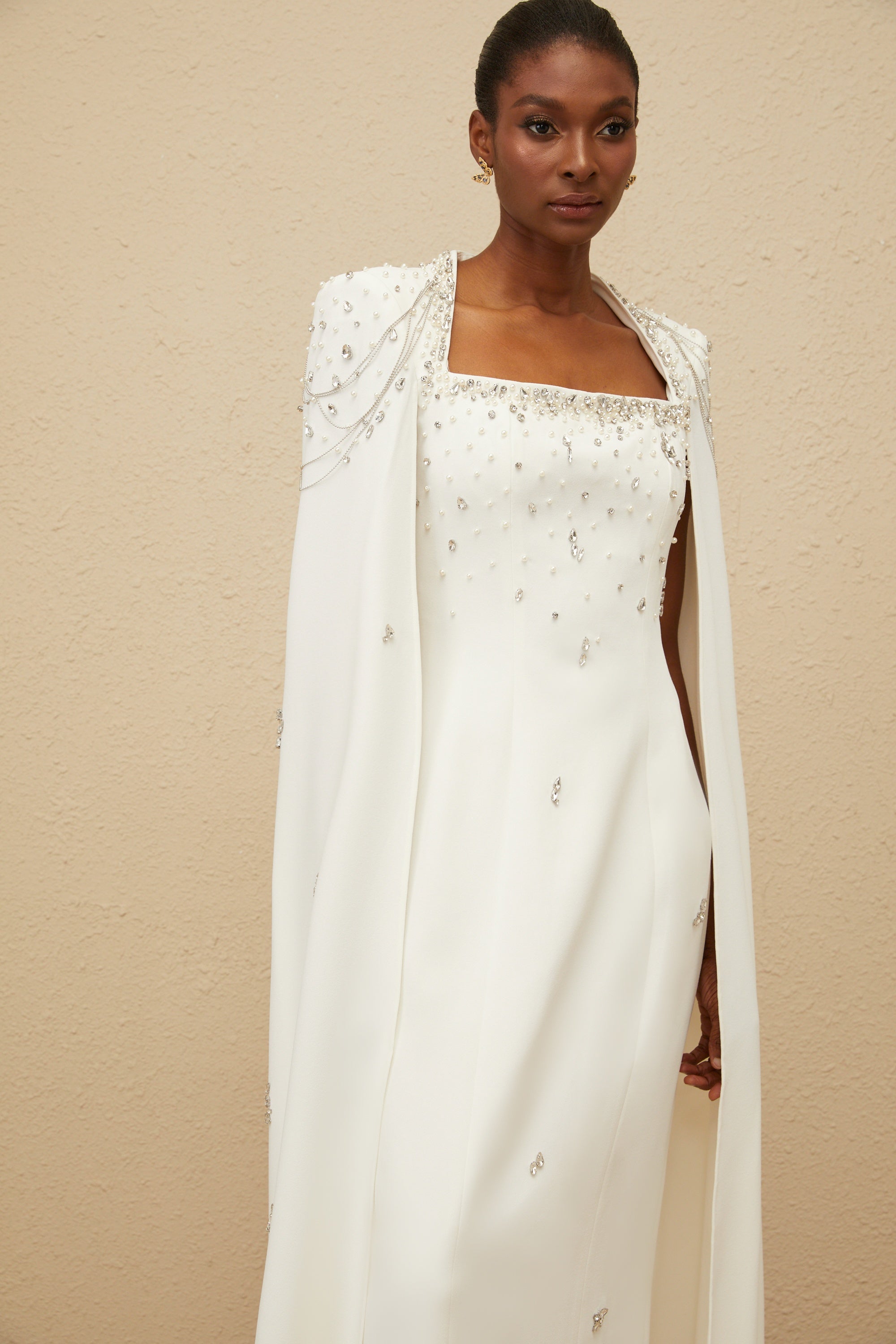 Épuré White Embellished Cape Gown