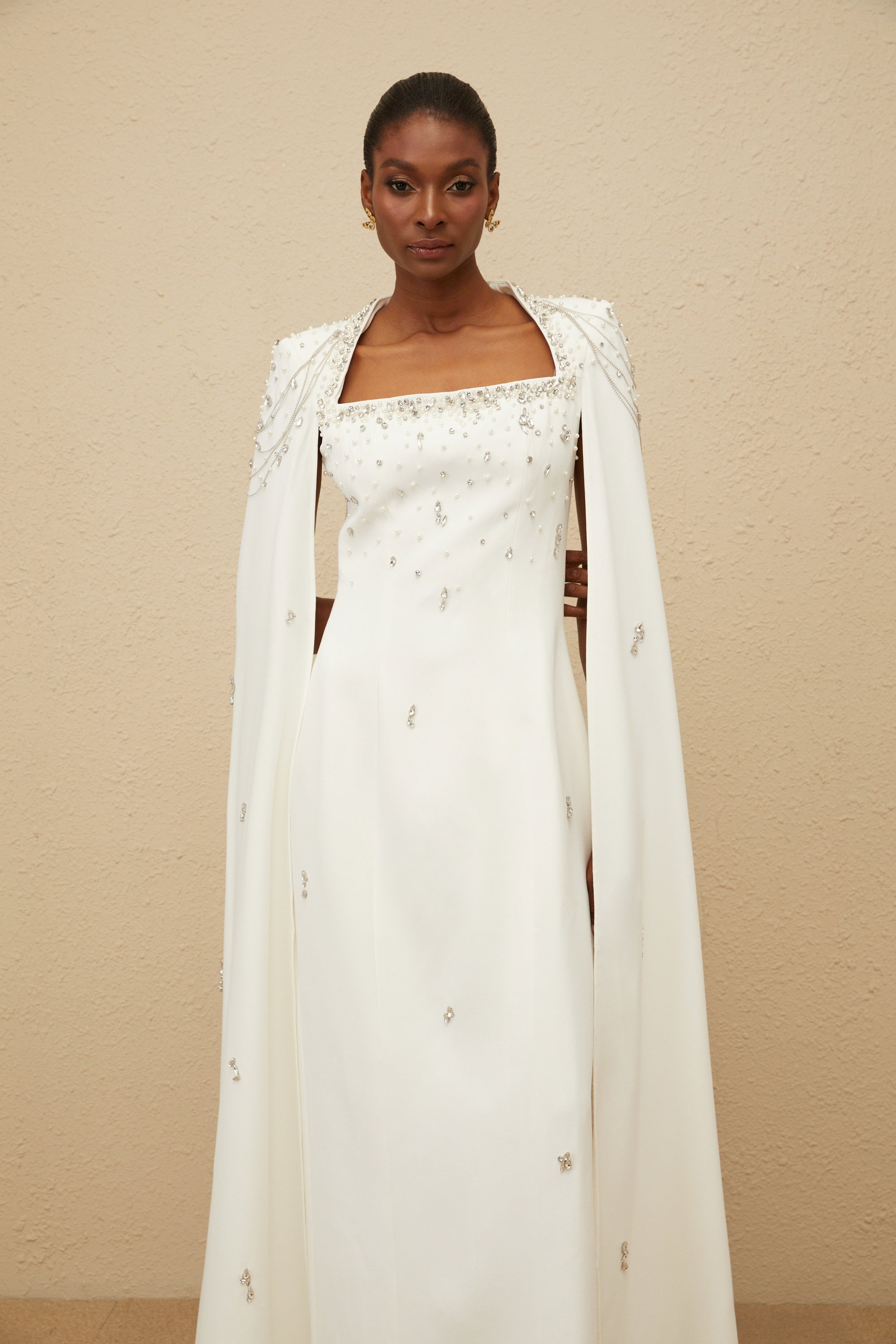Épuré White Embellished Cape Gown