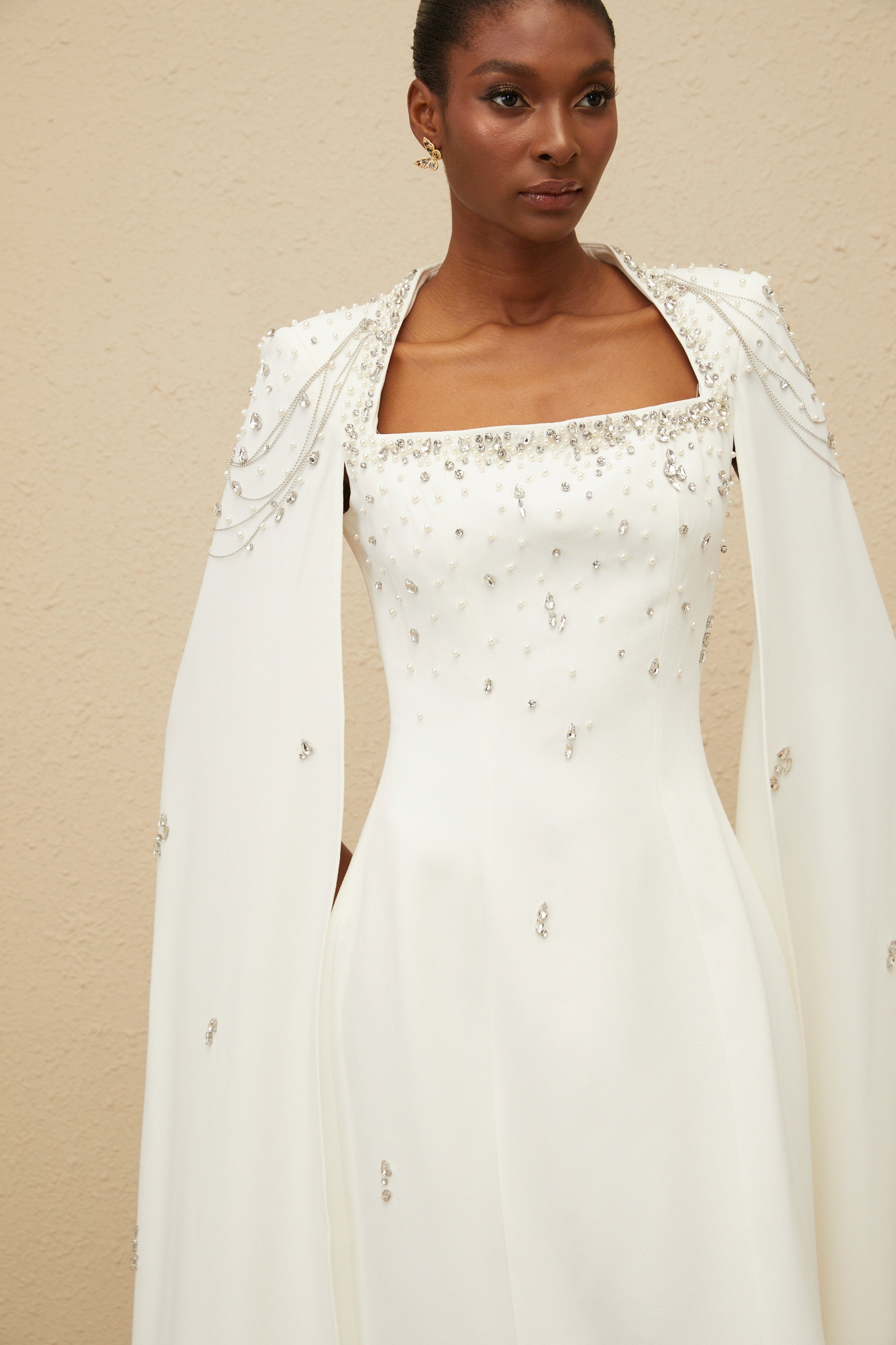 Épuré White Embellished Cape Gown