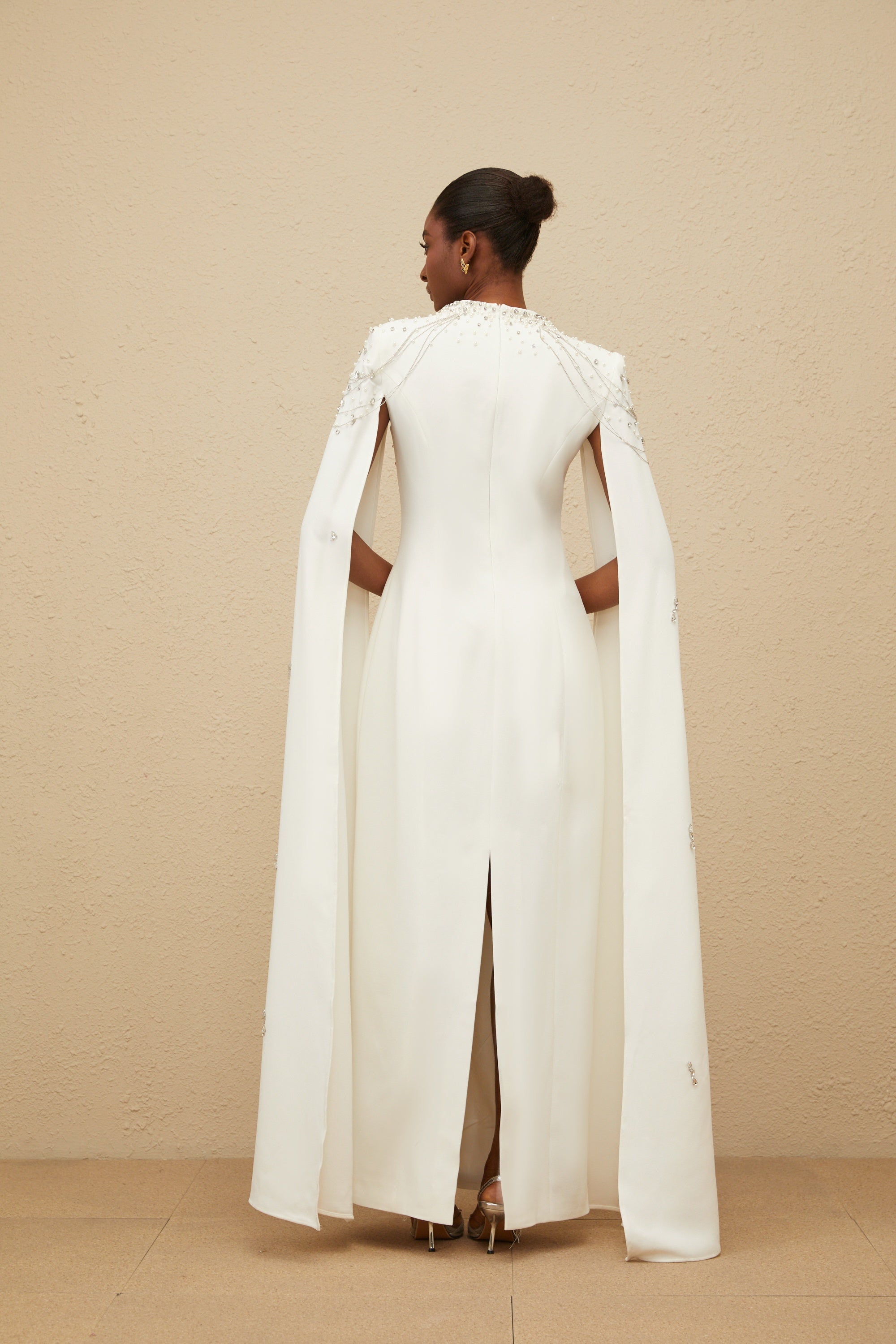 Épuré White Embellished Cape Gown
